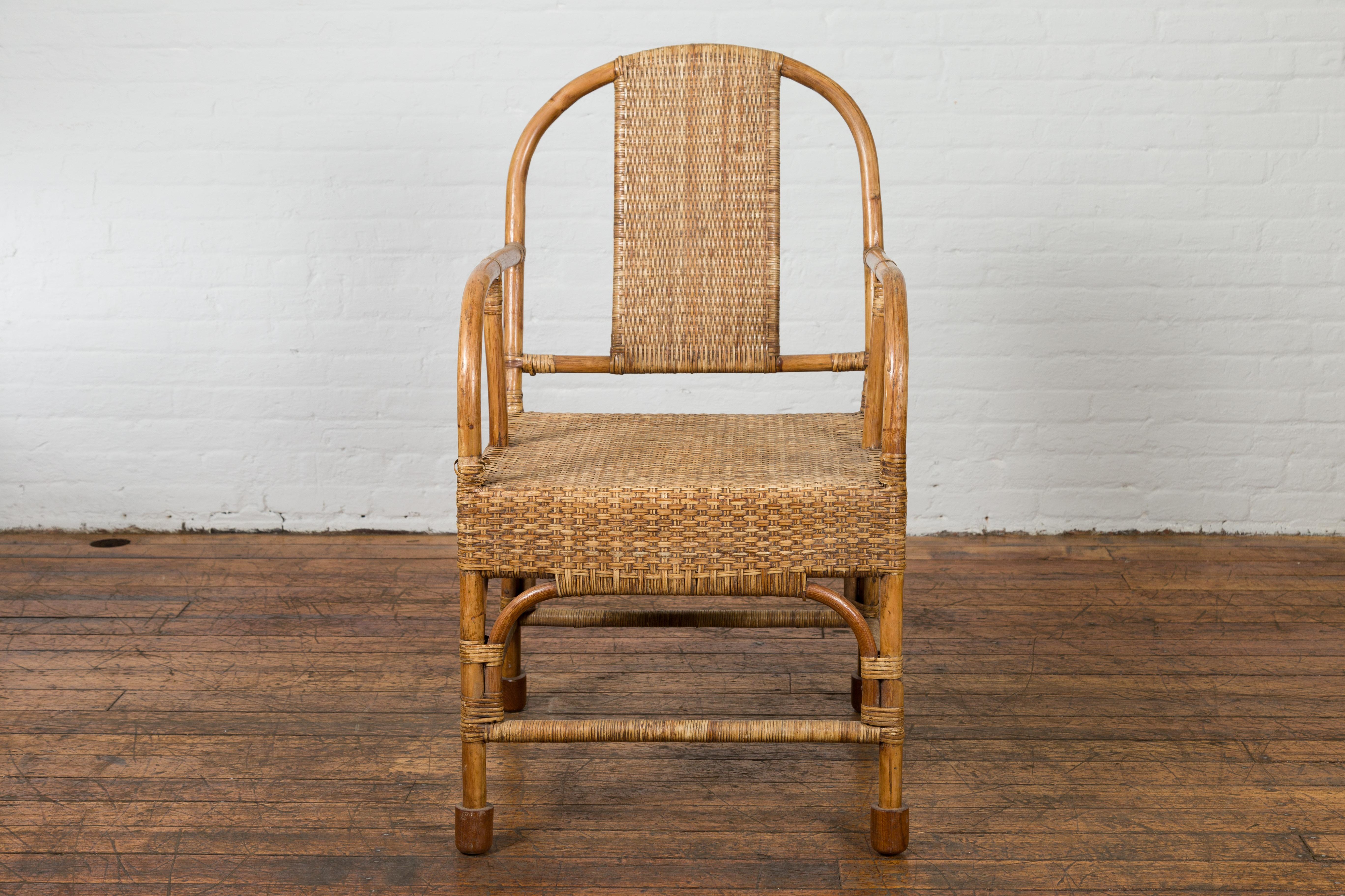 Vintage Burmese Country Style Hand-Woven Rattan Armchair with Rounded Back In Good Condition For Sale In Yonkers, NY