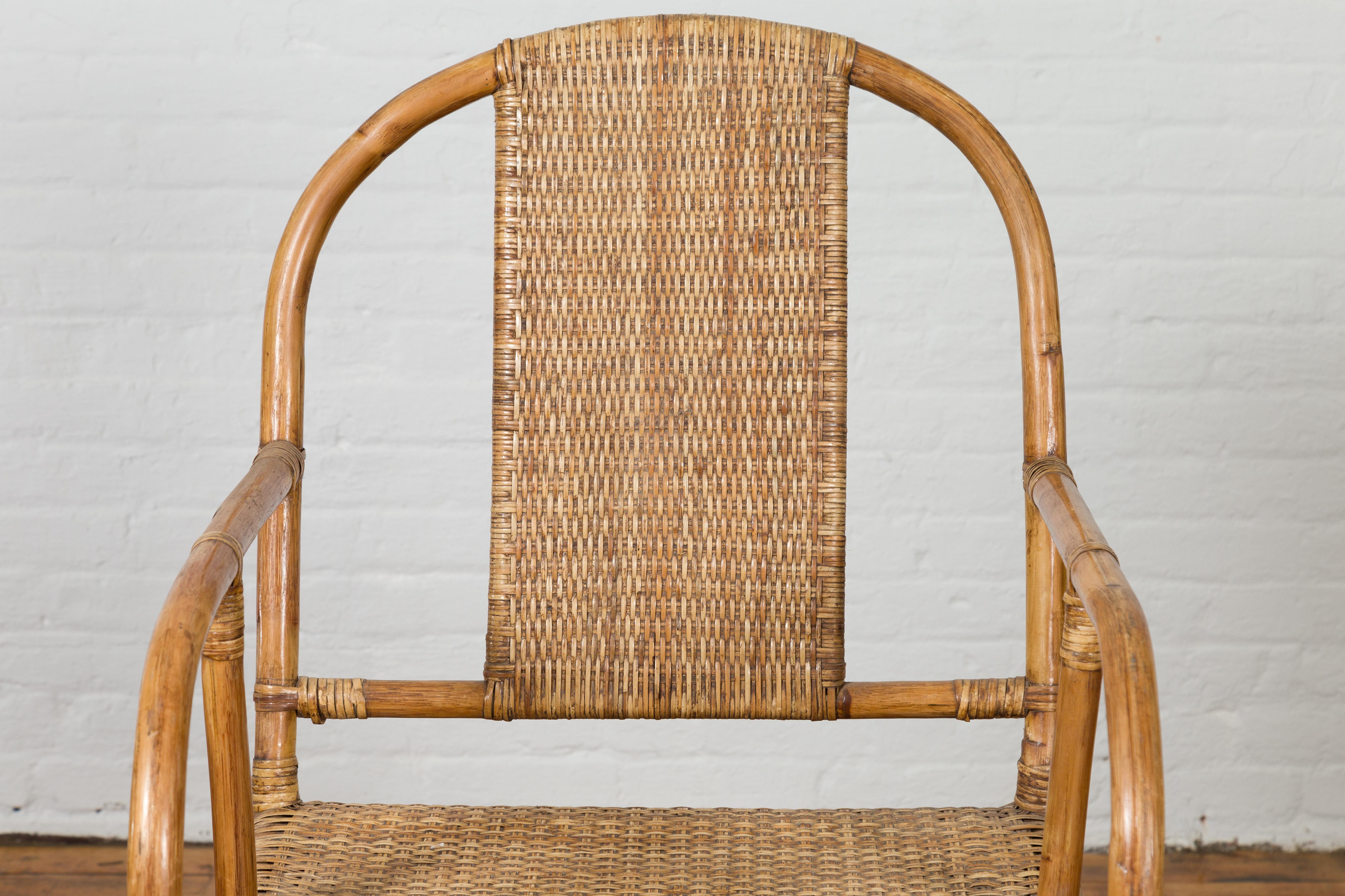 20th Century Vintage Burmese Country Style Hand-Woven Rattan Armchair with Rounded Back For Sale