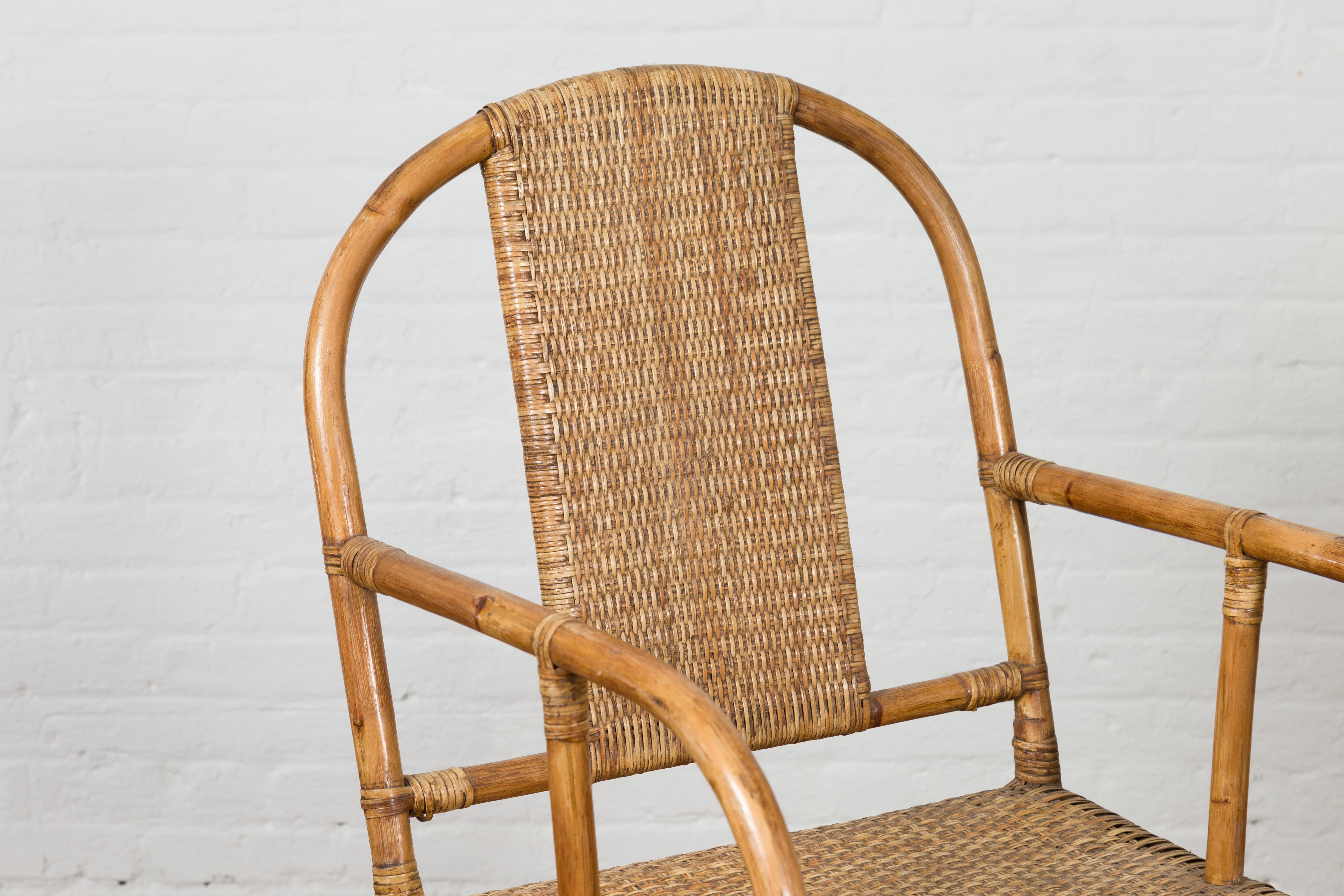 Vintage Burmese Country Style Hand-Woven Rattan Armchair with Rounded Back For Sale 2