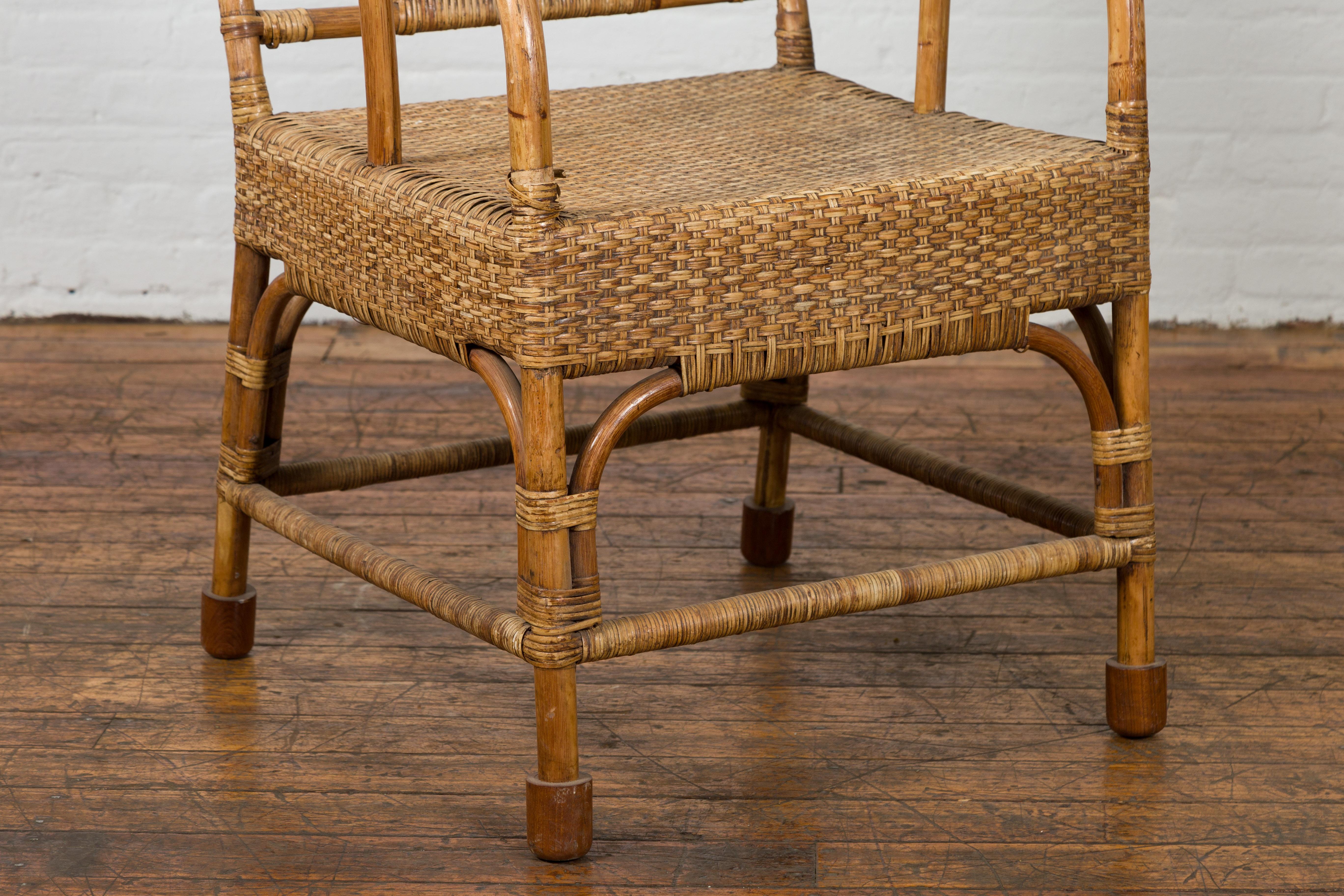 Vintage Burmese Country Style Hand-Woven Rattan Armchair with Rounded Back For Sale 3