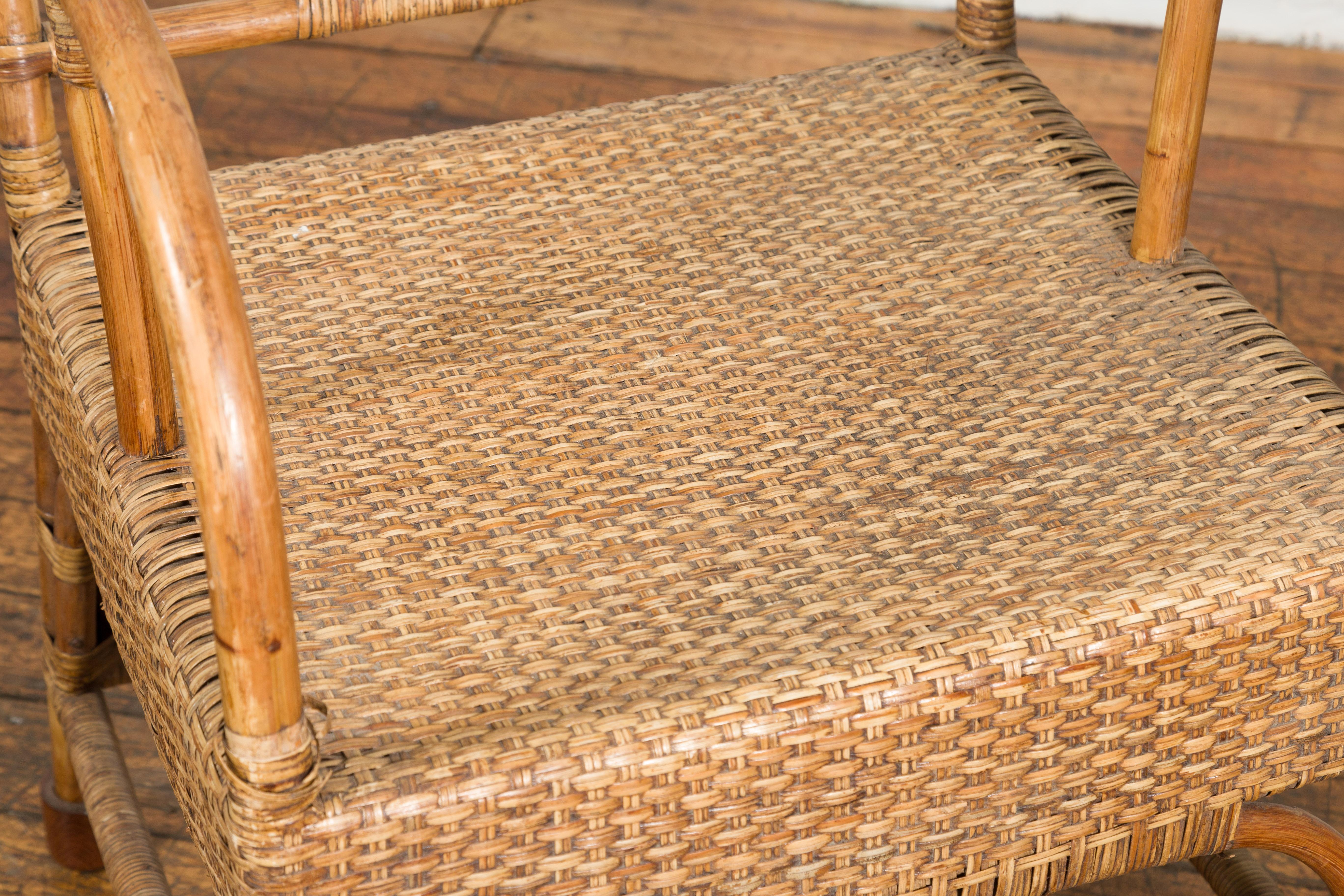 Vintage Burmese Country Style Hand-Woven Rattan Armchair with Rounded Back For Sale 4