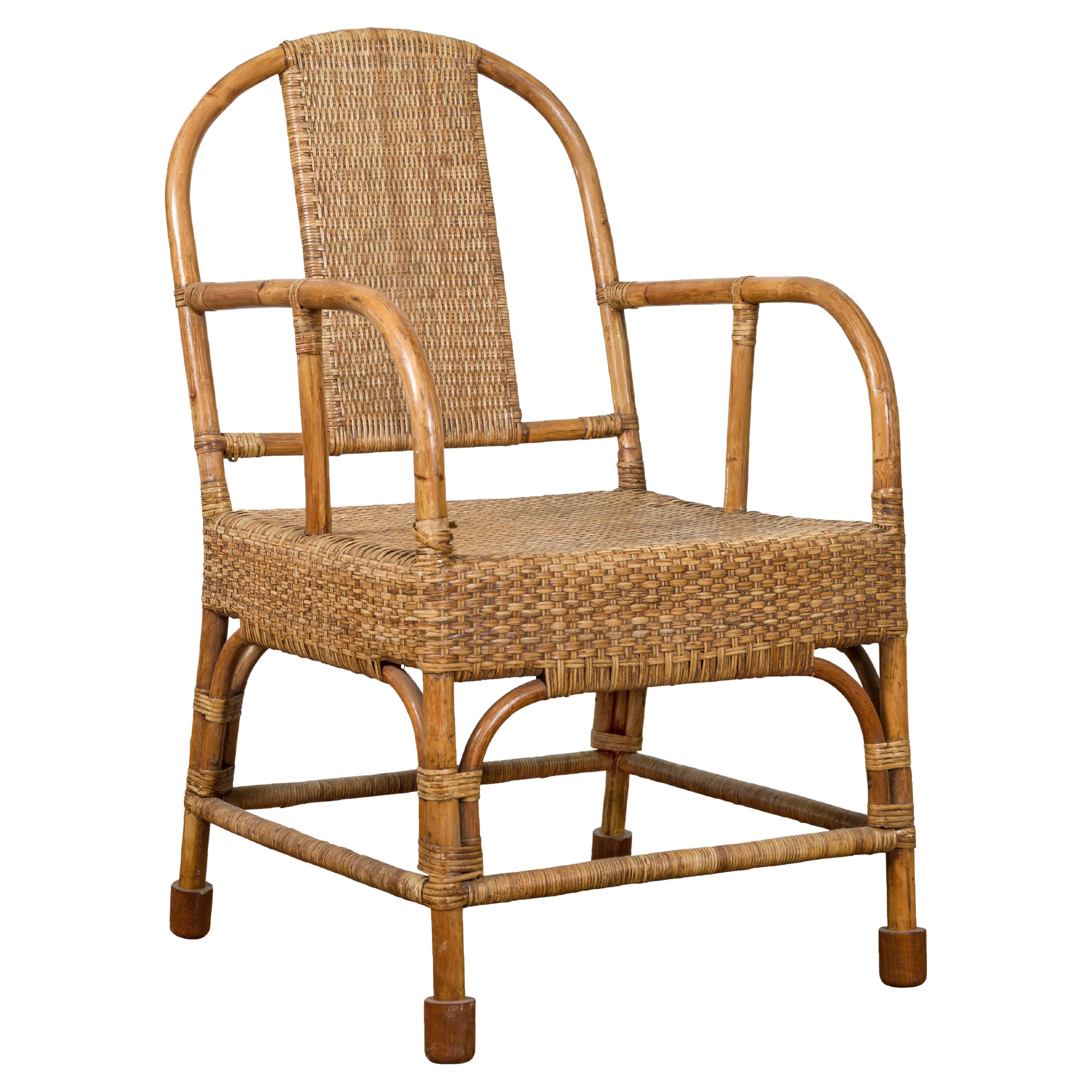 Vintage Burmese Country Style Hand-Woven Rattan Armchair with Rounded Back
