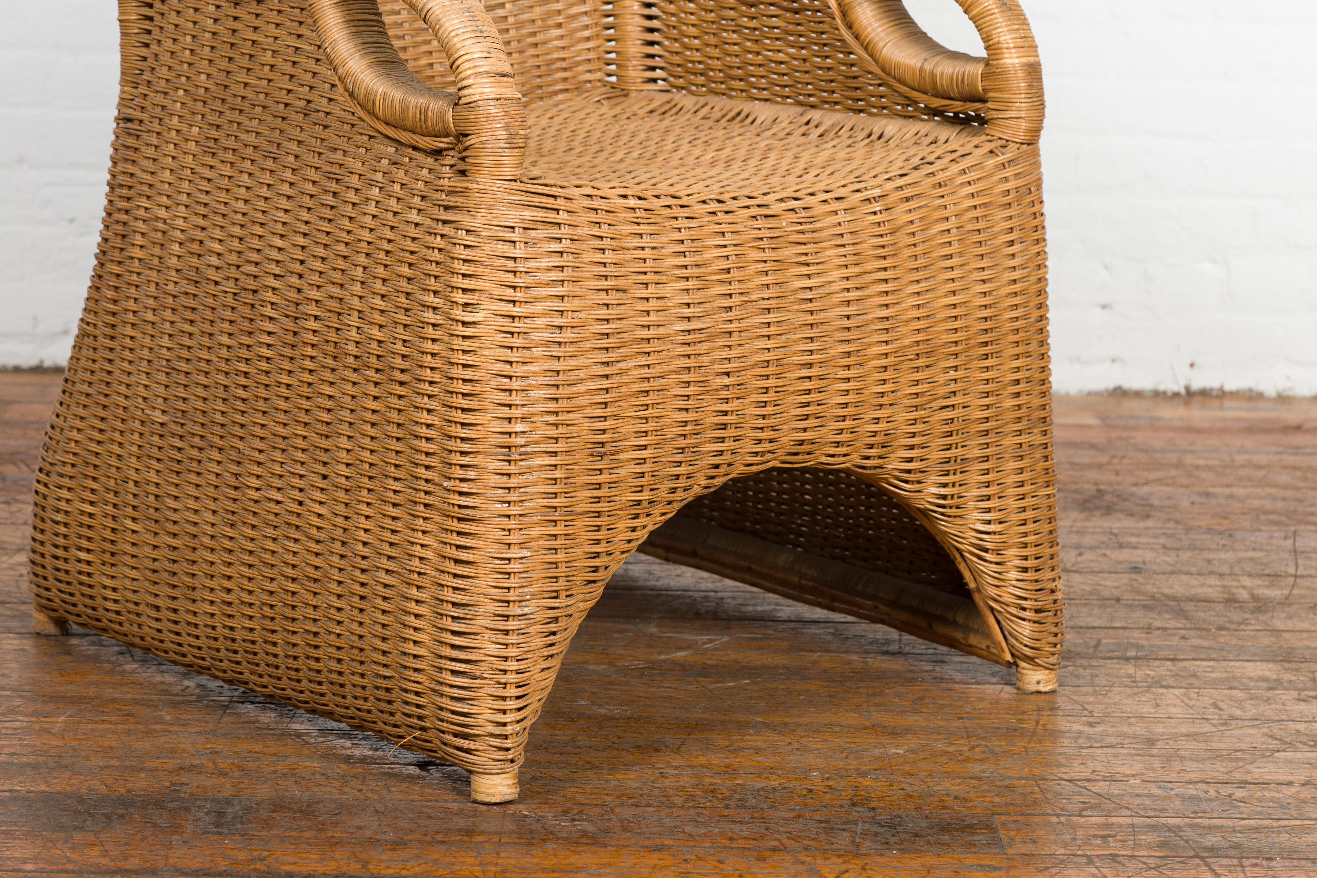 Vintage Burmese Country Style Woven Rattan Lounge Chair with Arching Accents For Sale 6