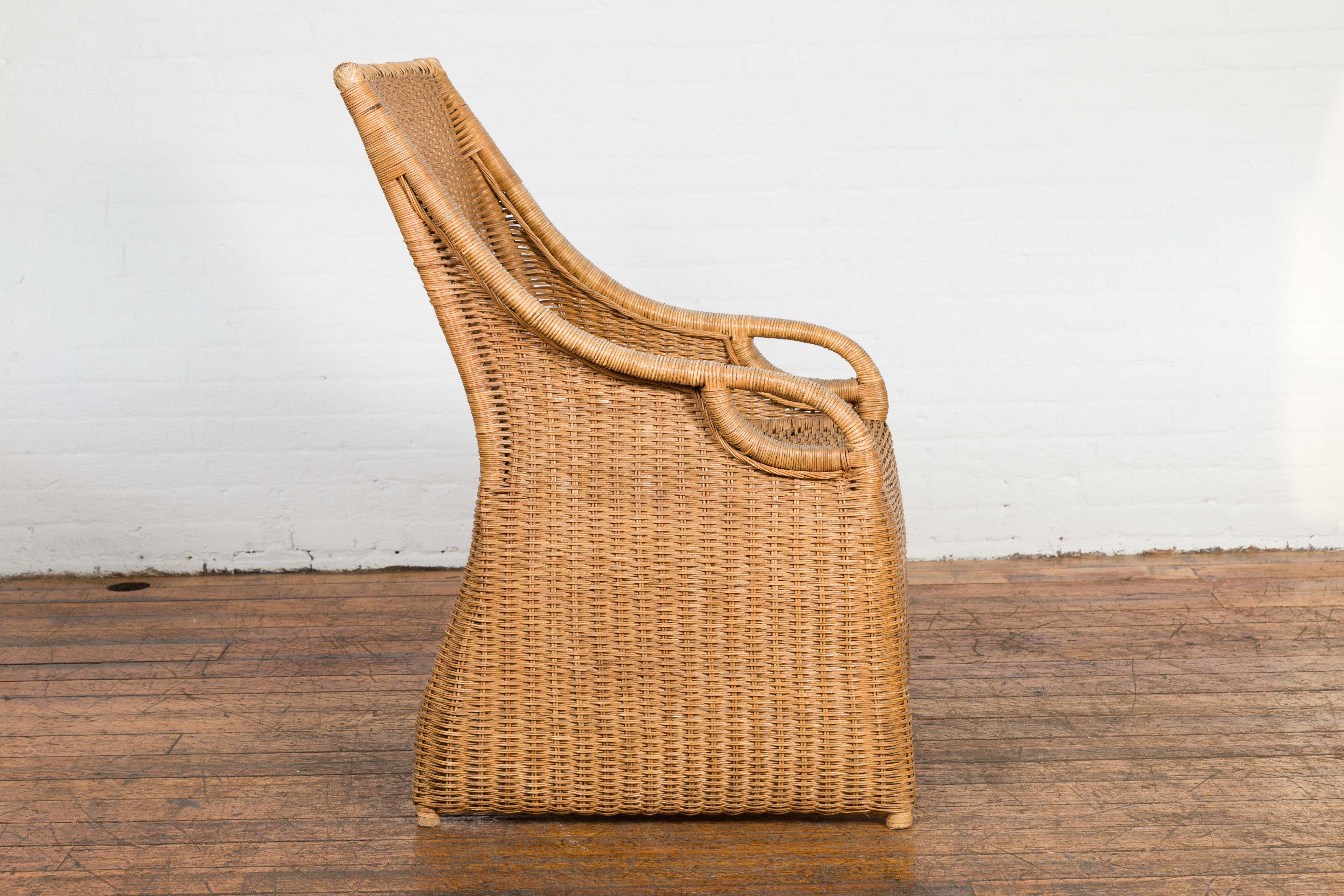 Vintage Burmese Country Style Woven Rattan Lounge Chair with Arching Accents For Sale 7