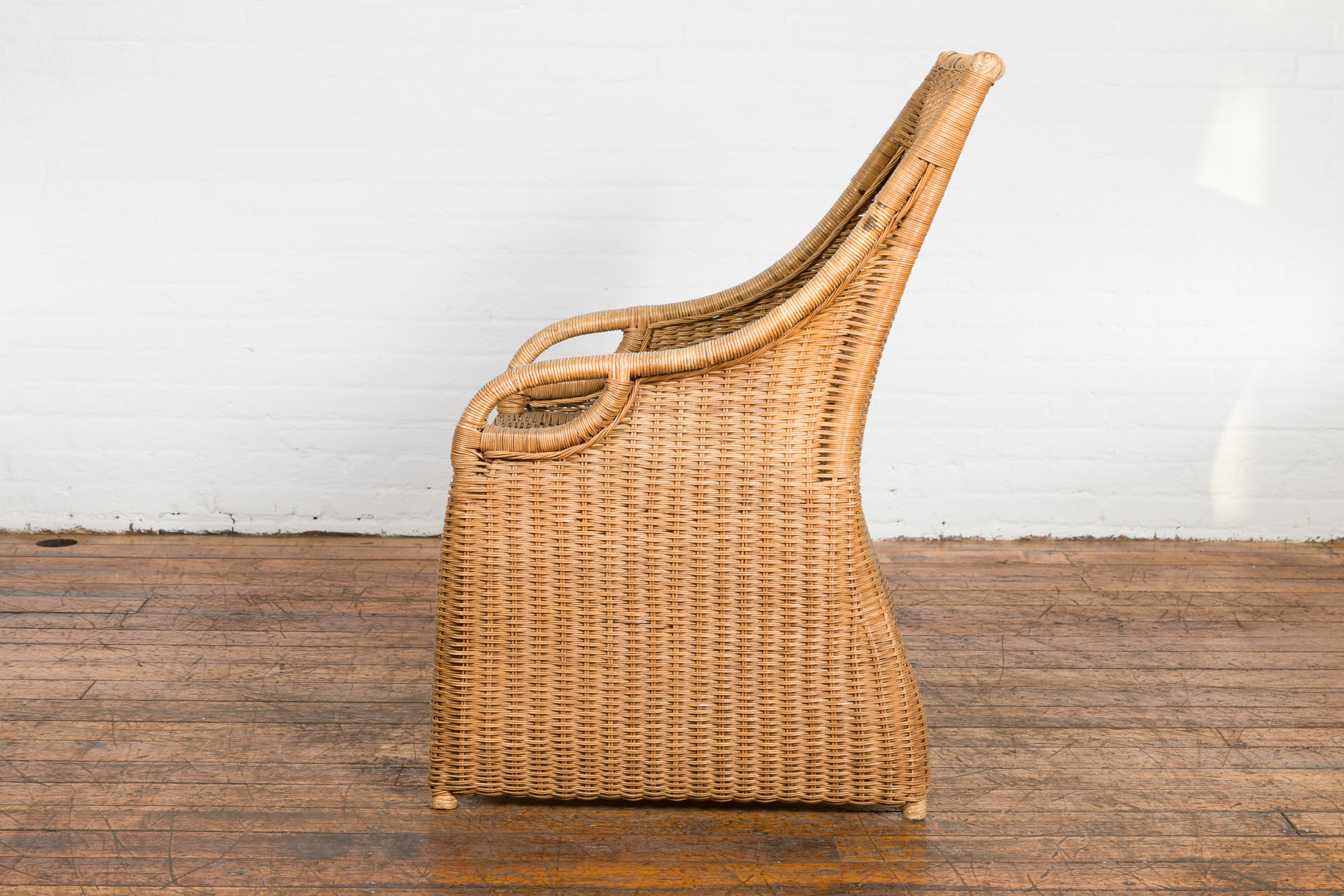 Vintage Burmese Country Style Woven Rattan Lounge Chair with Arching Accents For Sale 11