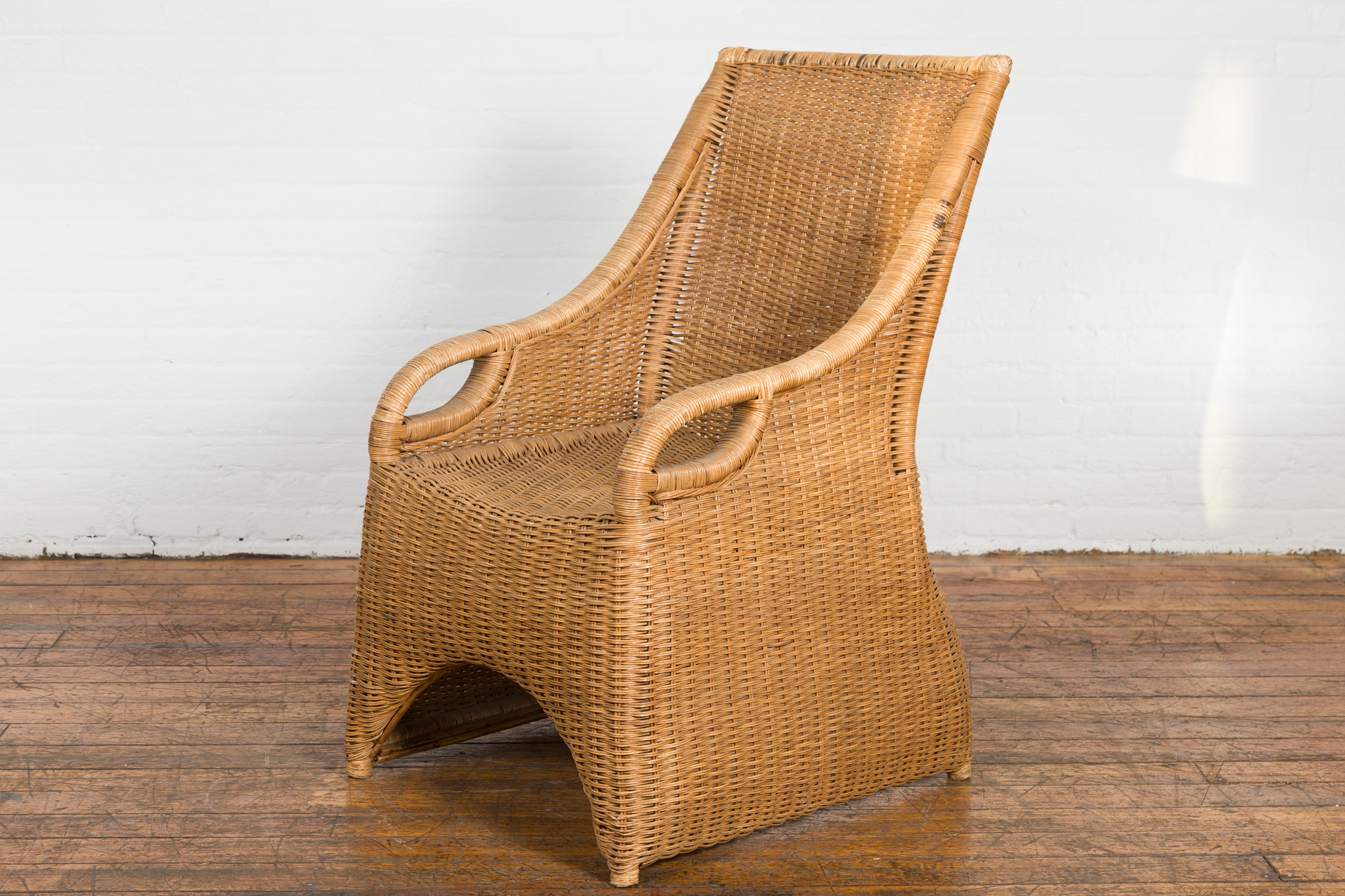 Vintage Burmese Country Style Woven Rattan Lounge Chair with Arching Accents For Sale 14
