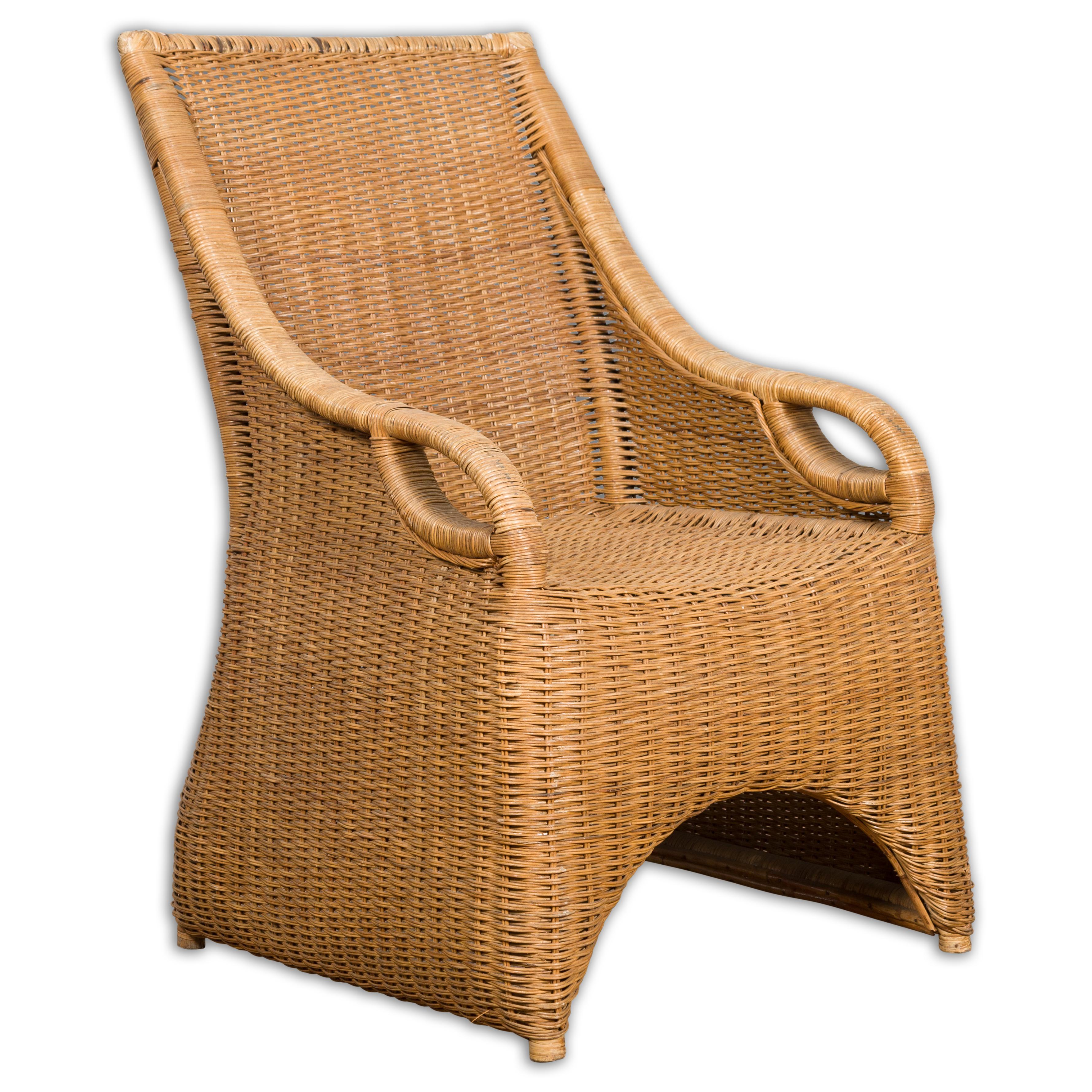 Vintage Burmese Country Style Woven Rattan Lounge Chair with Arching Accents For Sale 15