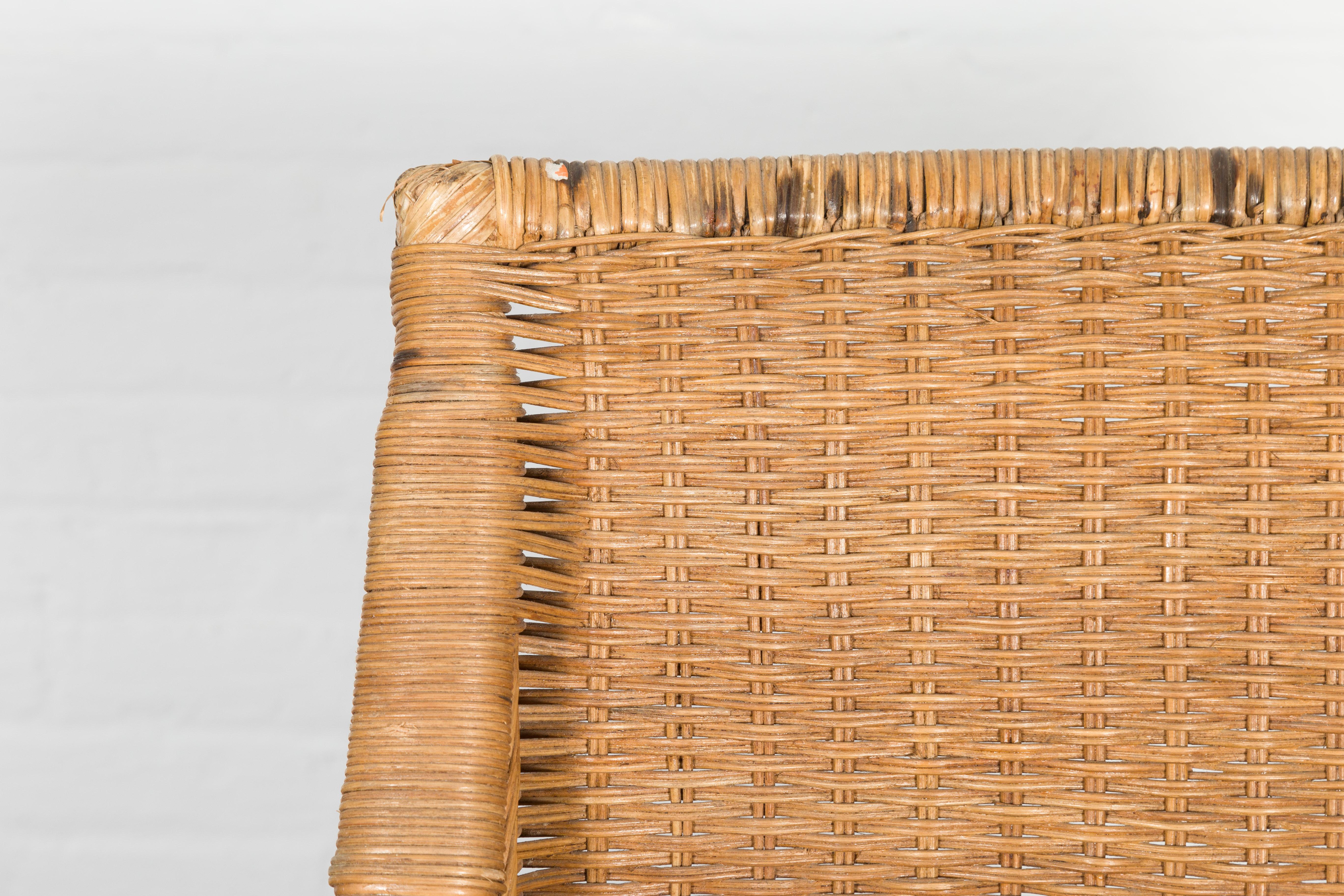 Vintage Burmese Country Style Woven Rattan Lounge Chair with Arching Accents For Sale 1