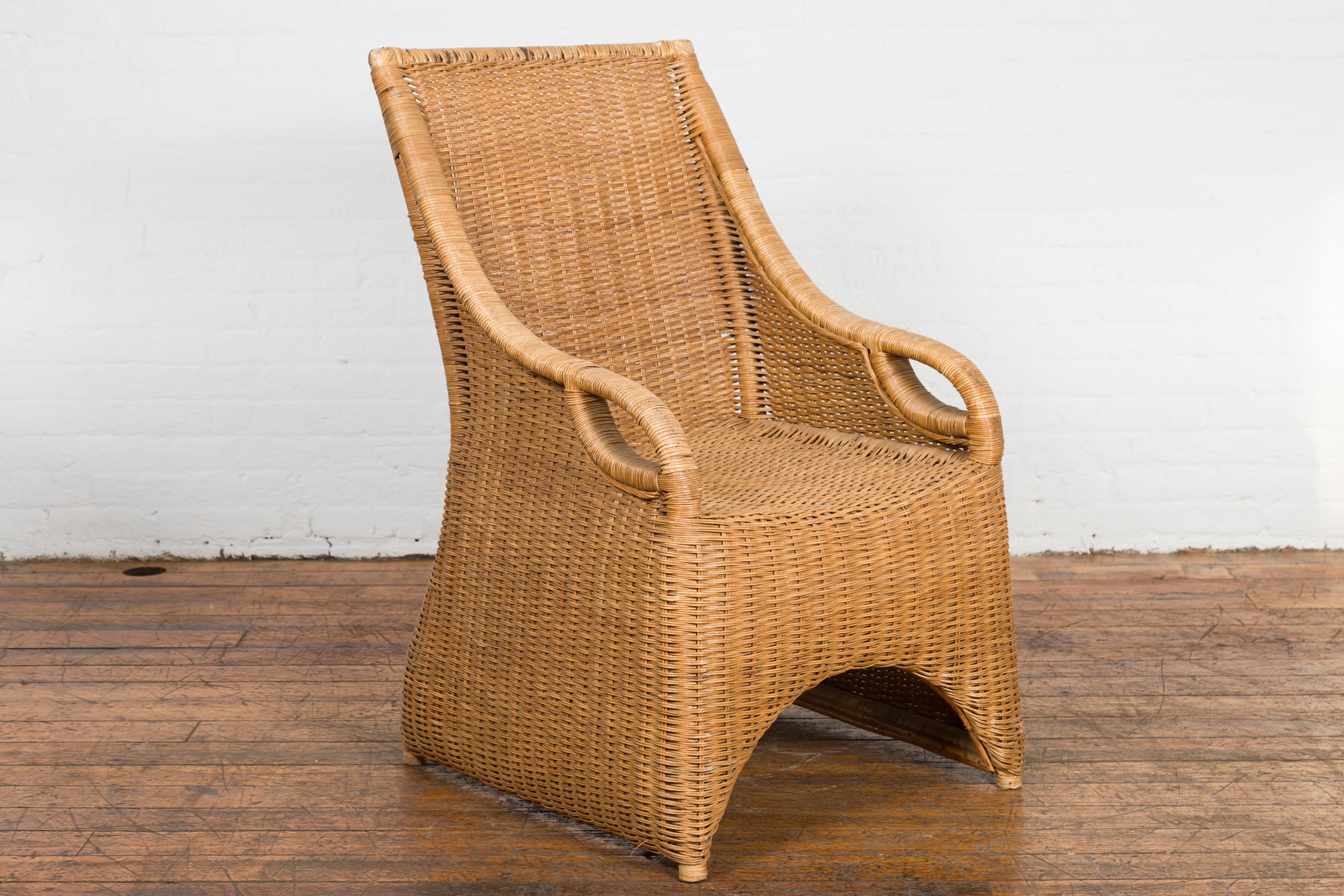 Vintage Burmese Country Style Woven Rattan Lounge Chair with Arching Accents For Sale 5