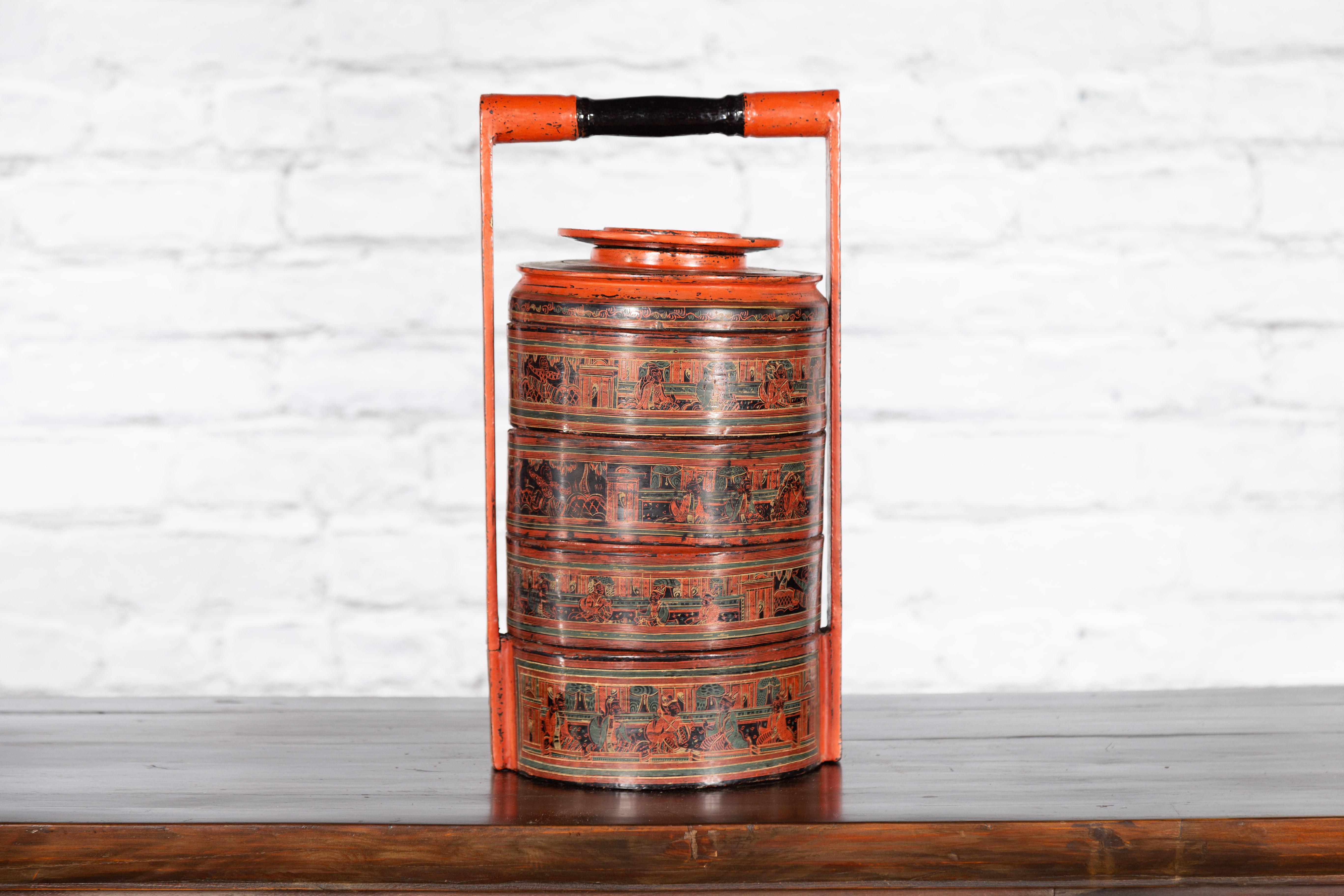 Vintage Burmese FourTier Food Basket with MultiColor Underglaze Décor