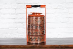 Vintage Burmese Four-Tier Food Basket with Multi-Color Underglaze Décor