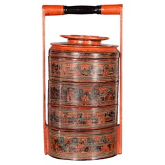 Vintage Burmese Four-Tier Food Basket with Multi-Color Underglaze Décor