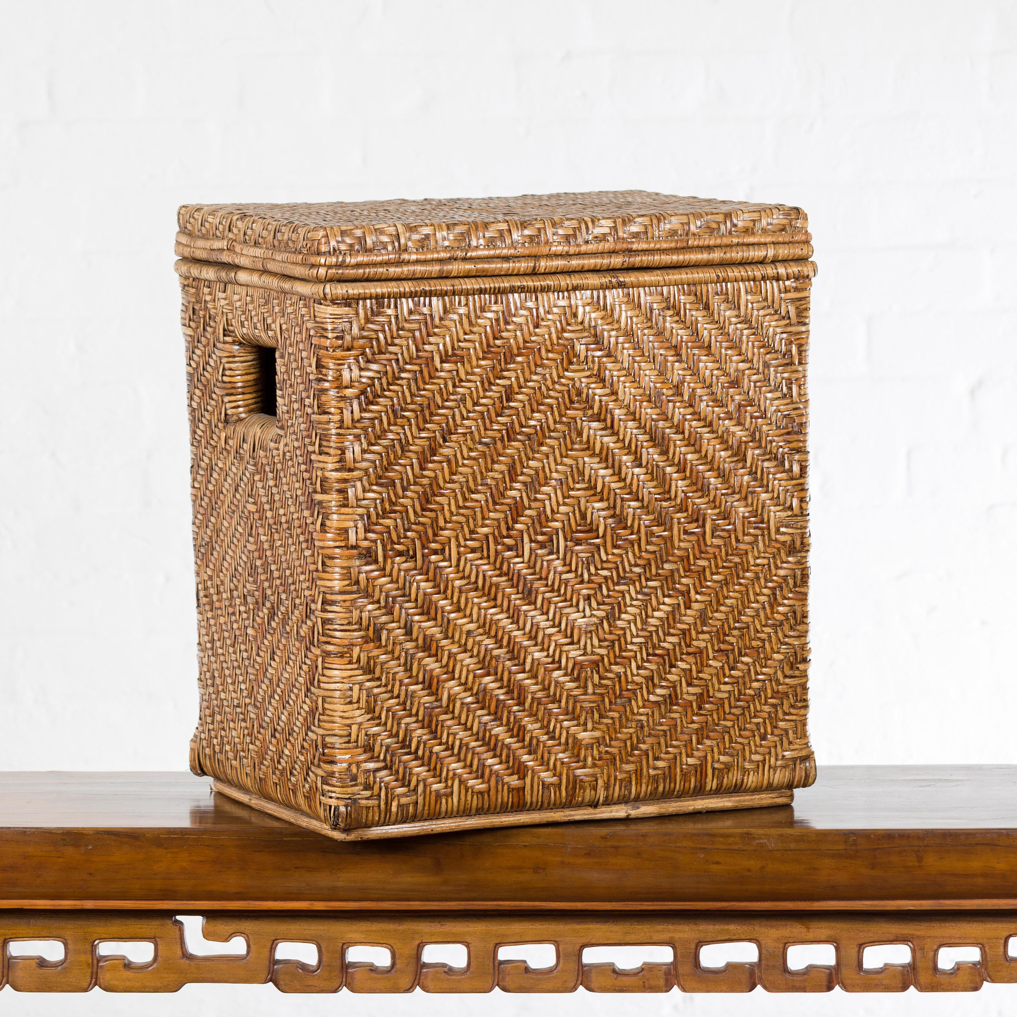 Vintage Burmese Hand-Woven Rattan over Wood Basket Hamper with Pierced Handles For Sale 9