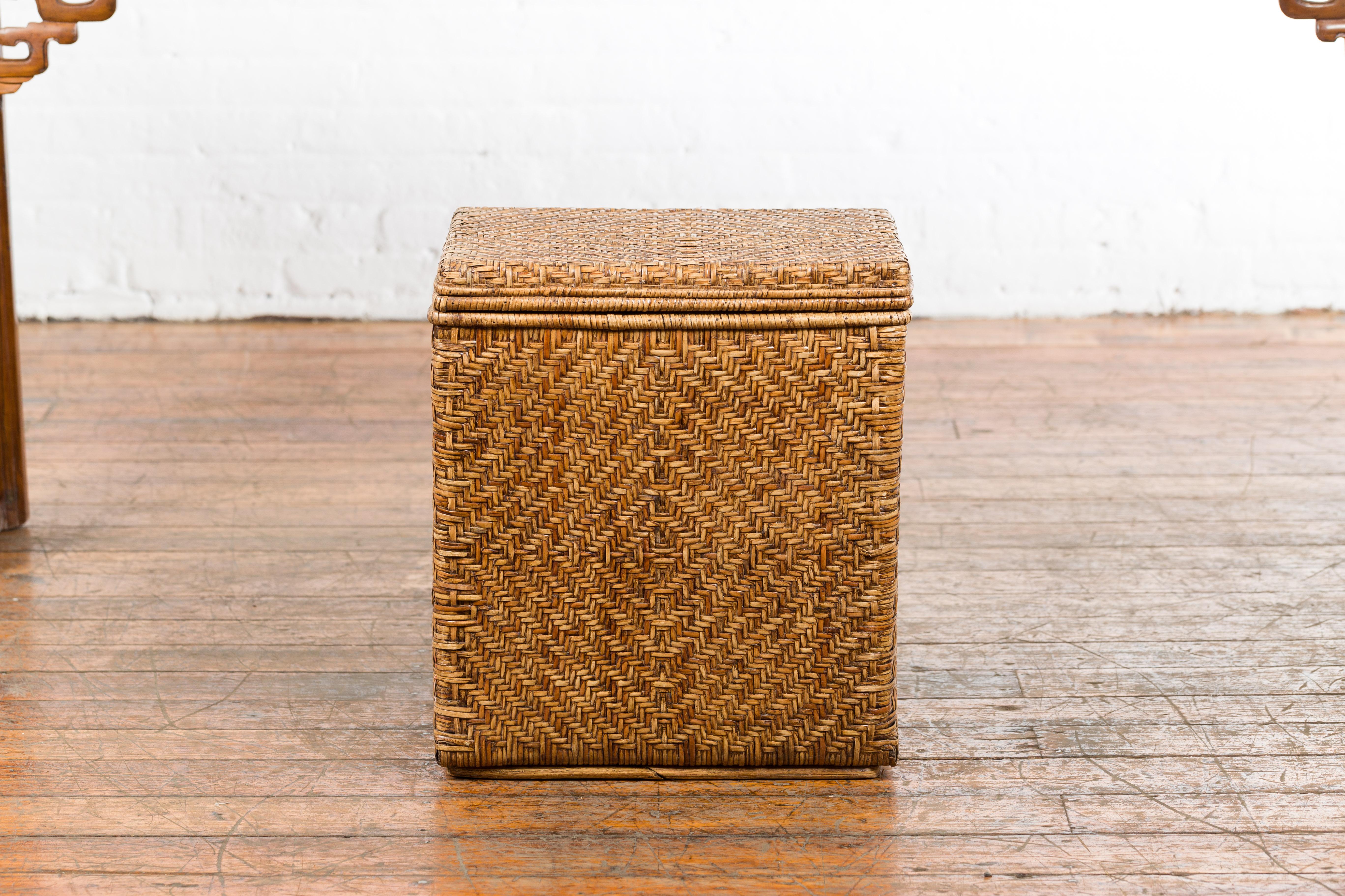 Vintage Burmese Hand-Woven Rattan over Wood Basket Hamper with Pierced Handles In Good Condition For Sale In Yonkers, NY