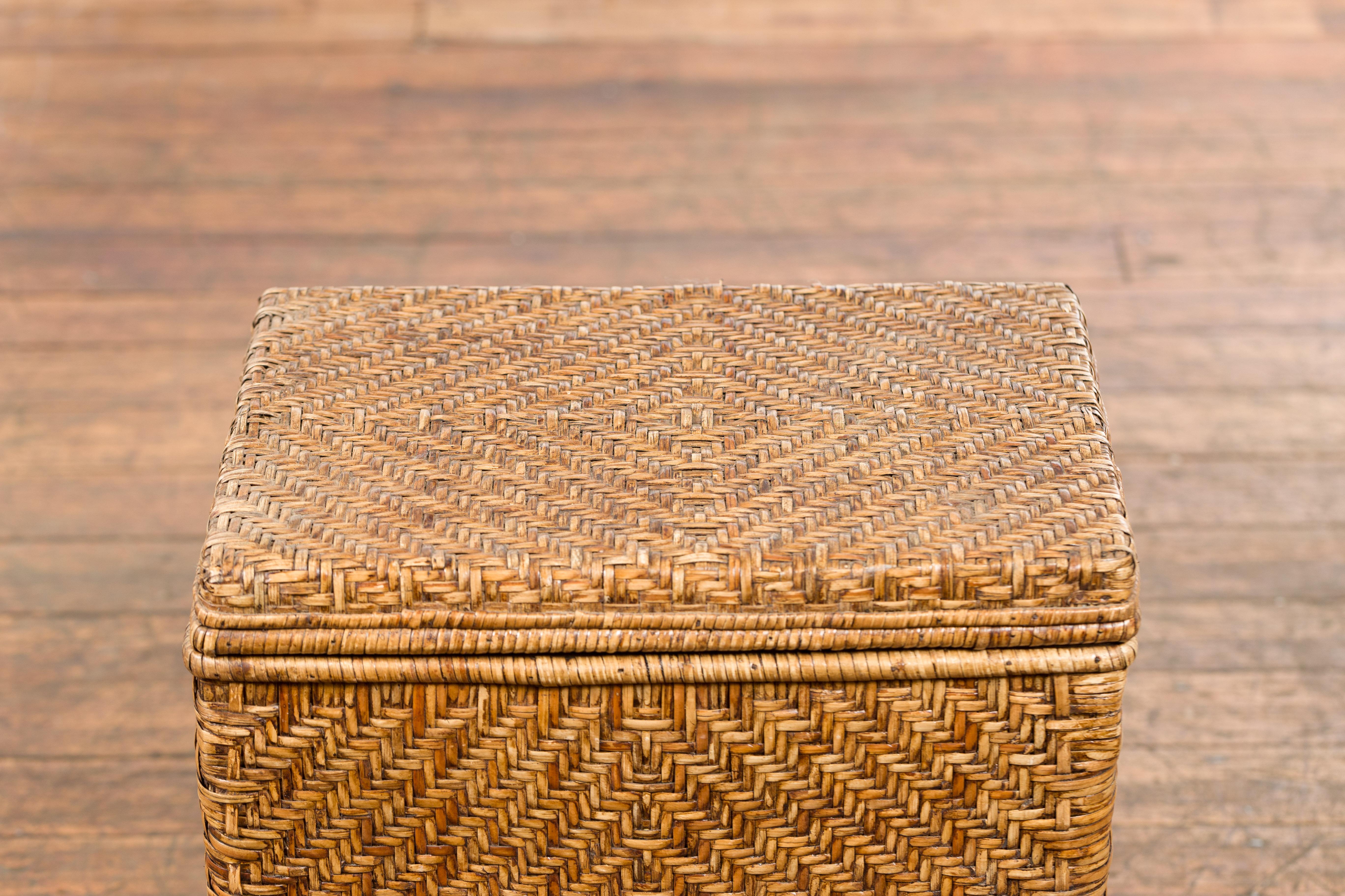 20th Century Vintage Burmese Hand-Woven Rattan over Wood Basket Hamper with Pierced Handles For Sale