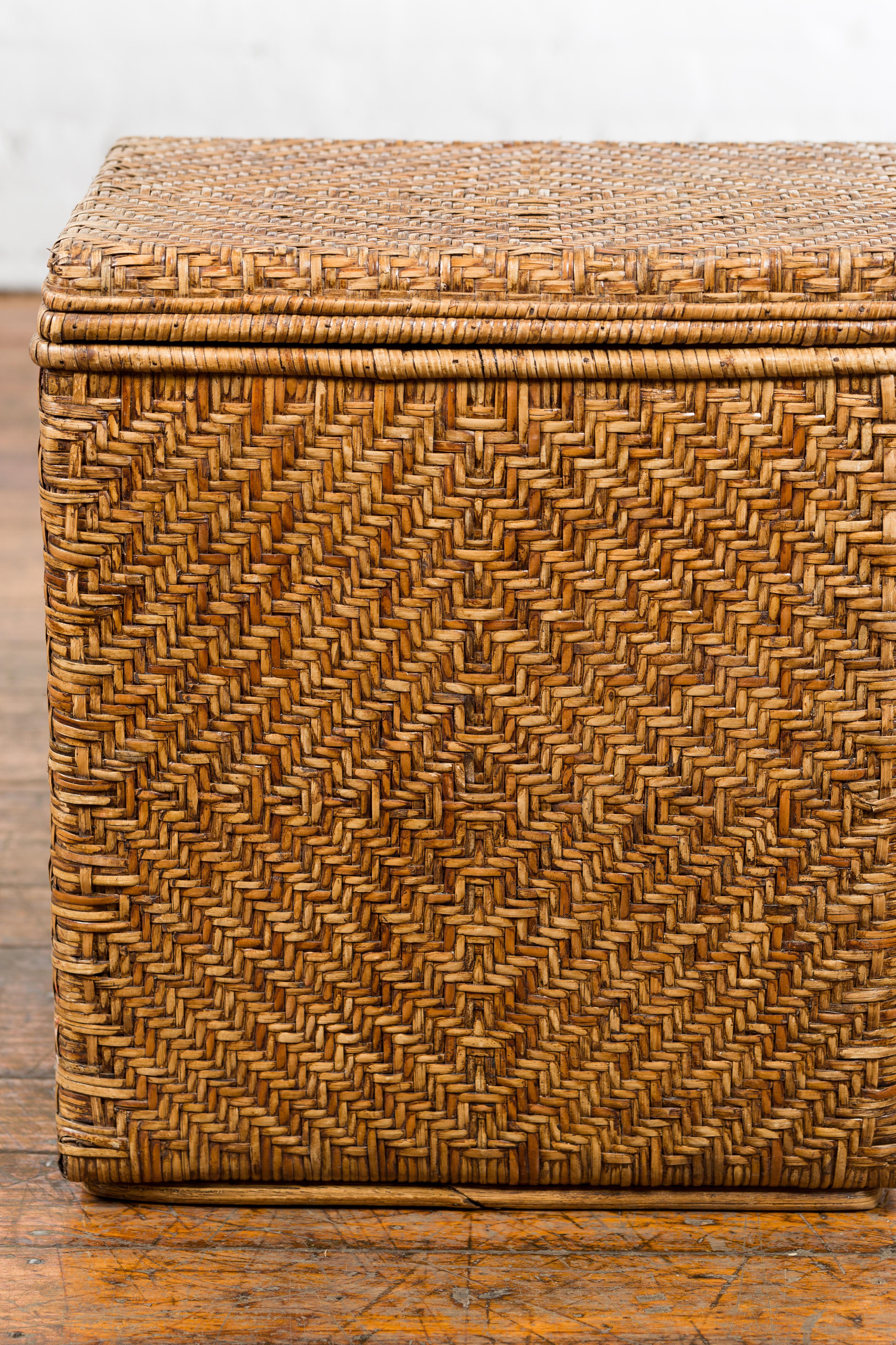 Vintage Burmese Hand-Woven Rattan over Wood Basket Hamper with Pierced Handles For Sale 4