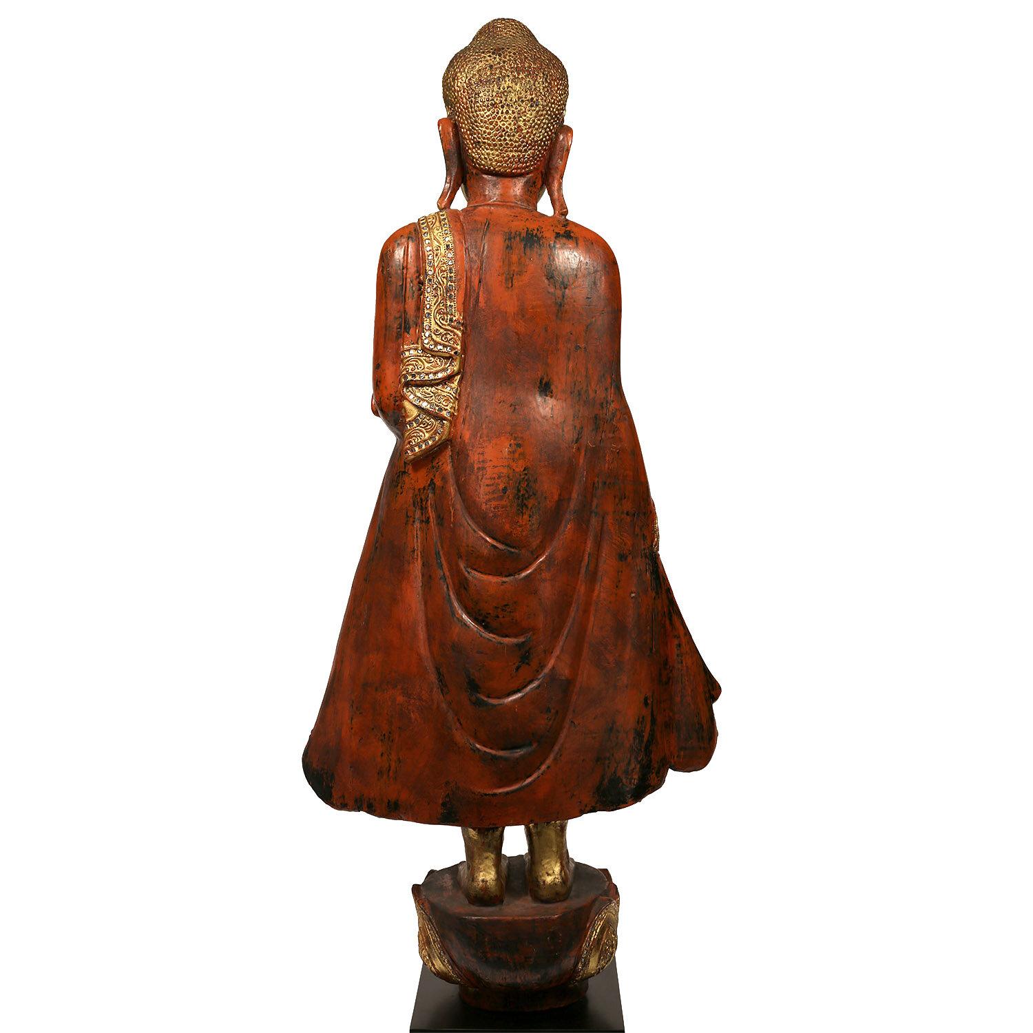 Lacquered Large Vintage Burmese Mandalay-Style Bejeweled Standing Buddha