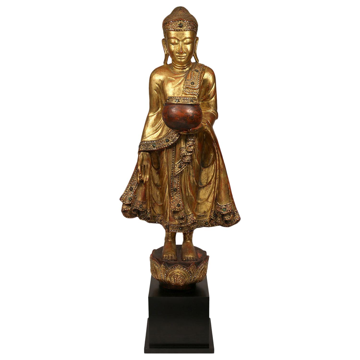 Large Vintage Burmese Mandalay-Style Bejeweled Standing Buddha