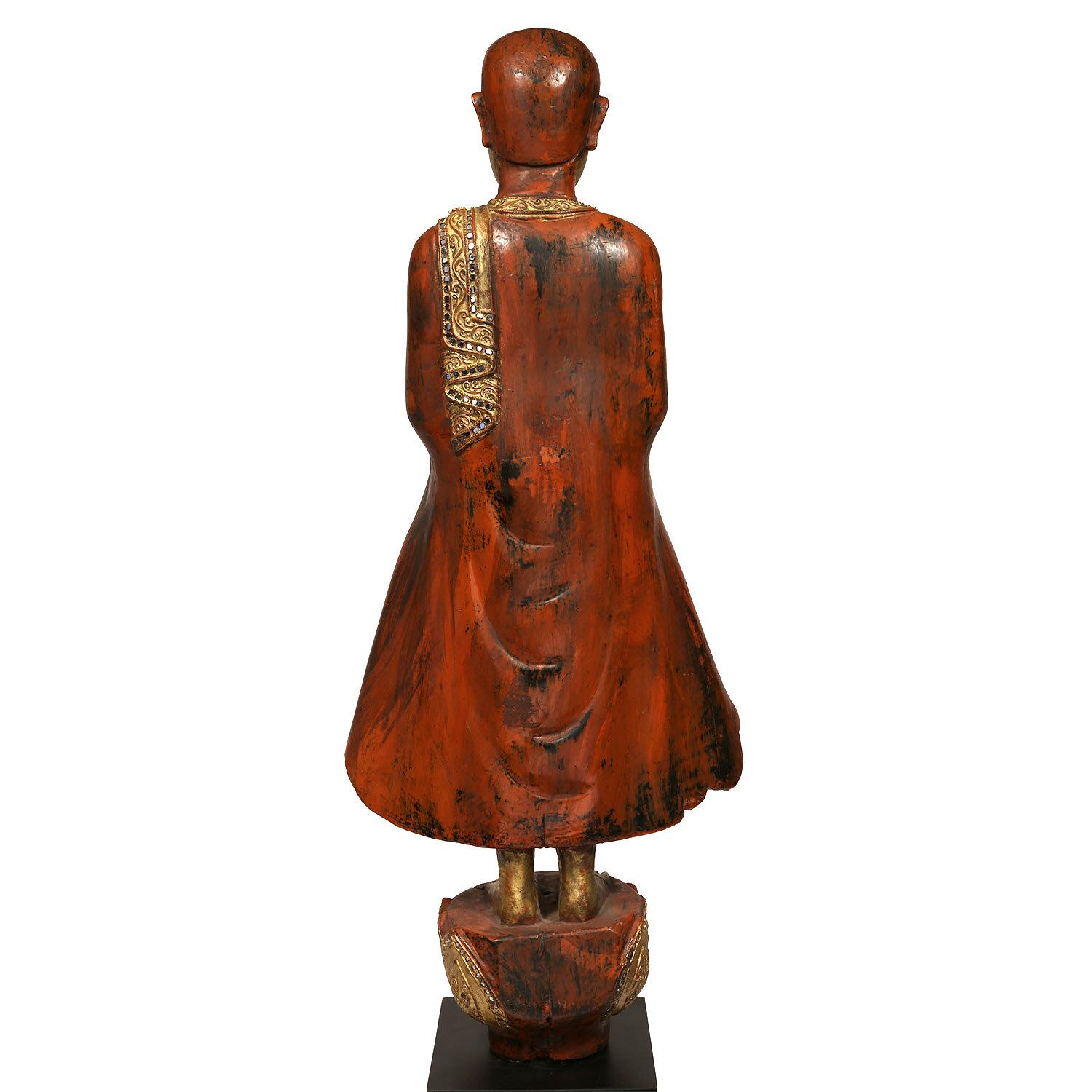 Lacquered Tall Vintage Burmese Mandalay-Style Bejeweled Buddhist Monk Statue
