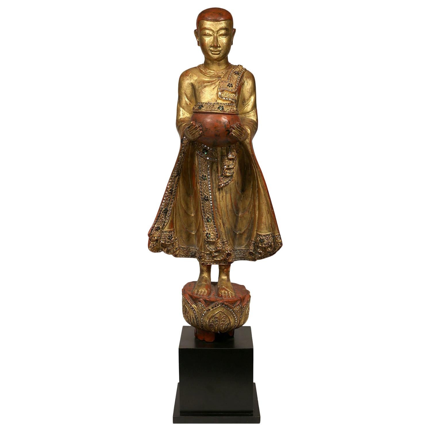 Tall Vintage Burmese Mandalay-Style Bejeweled Buddhist Monk Statue