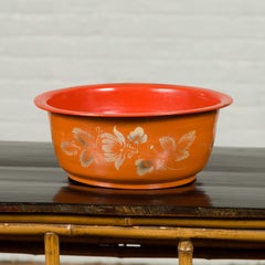 Orange and Red Lacquered Papier Mâché Bowl with Hand-Painted Floral Decor