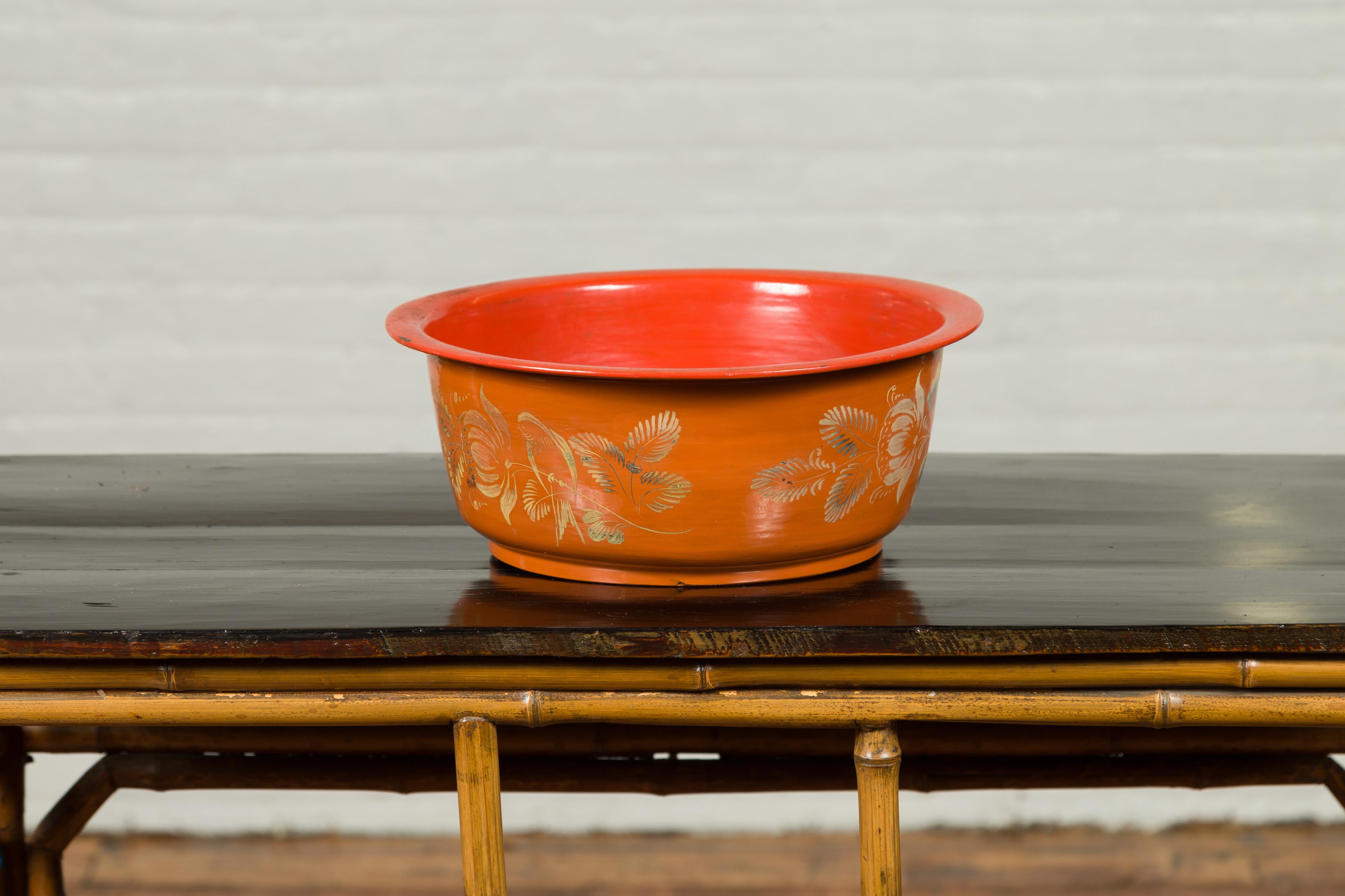 Vintage Burmese Orange and Red Lacquered Papier Mâché Bowl with Floral Design In Good Condition For Sale In Yonkers, NY
