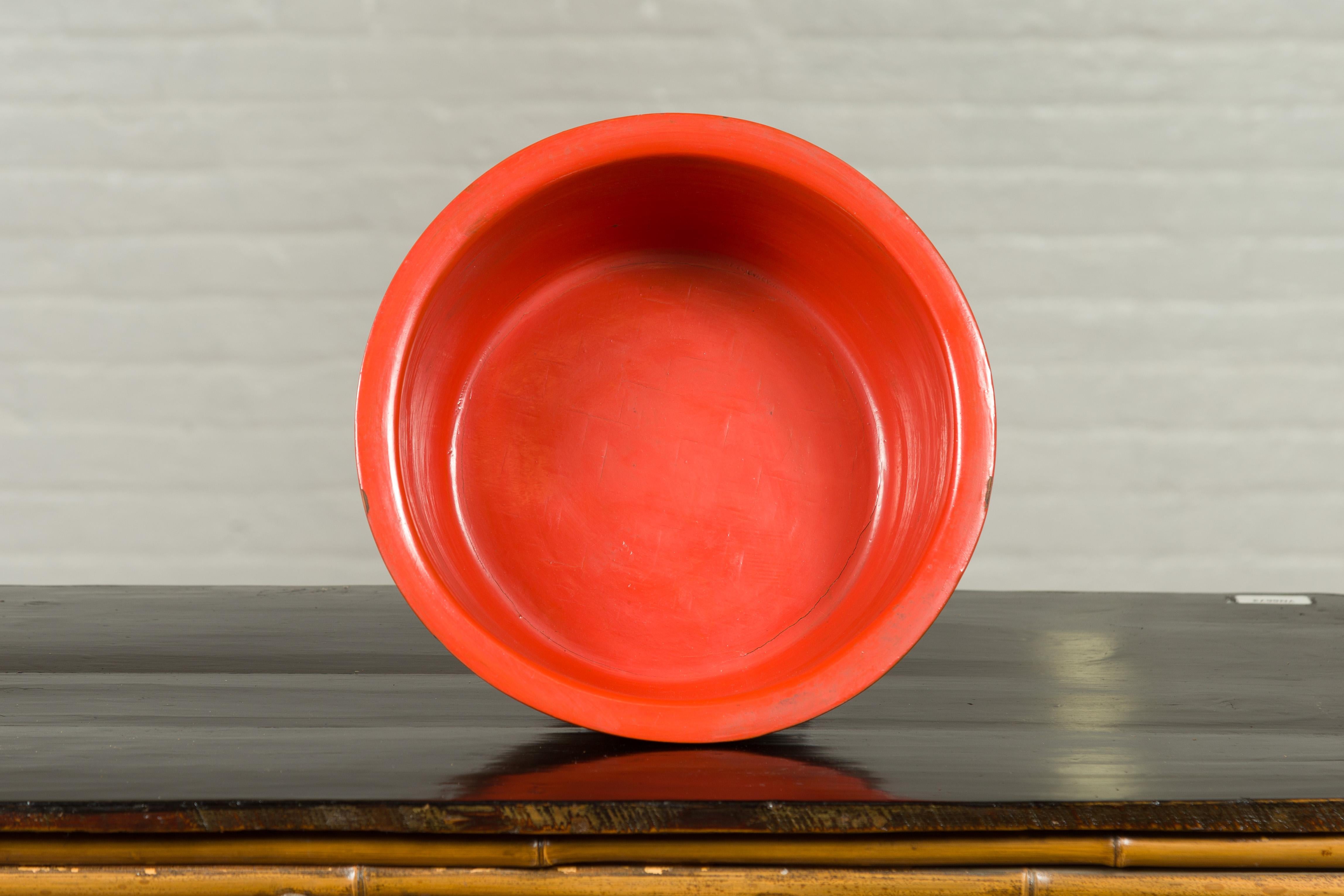 Vintage Burmese Orange and Red Lacquered Papier Mâché Bowl with Floral Design For Sale 1