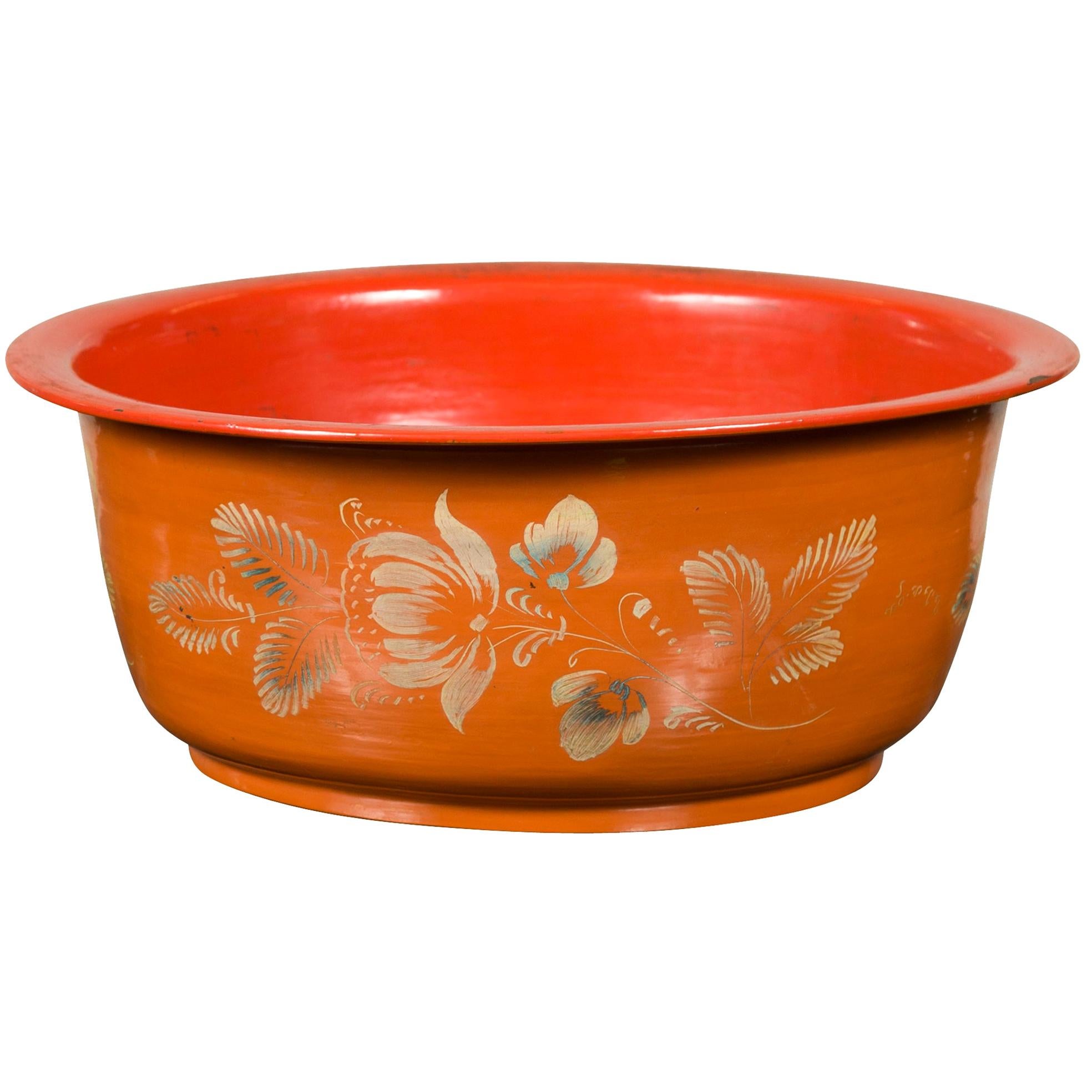 Vintage Burmese Orange and Red Lacquered Papier Mâché Bowl with Floral Design