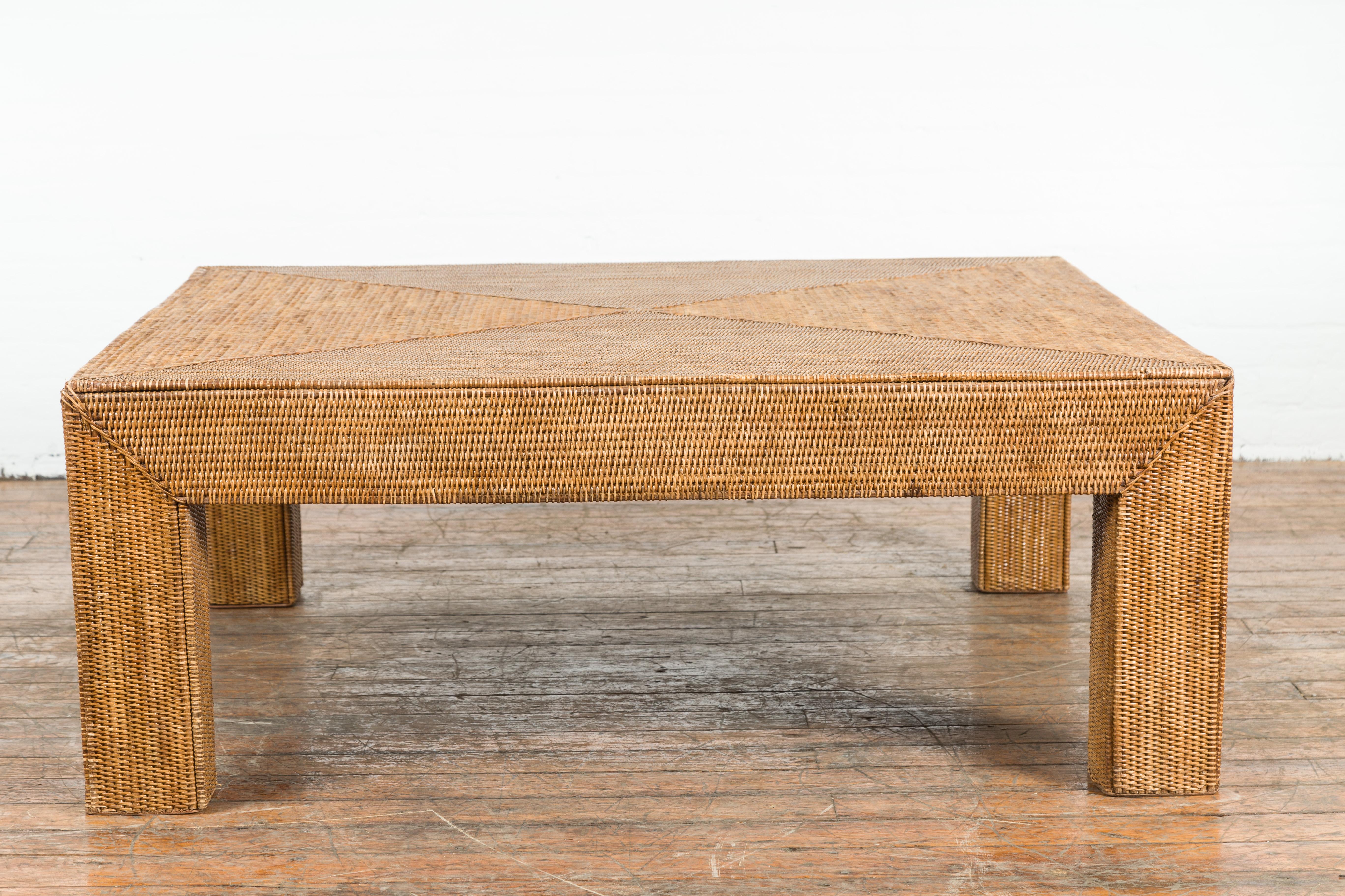 Vintage Burmese Parsons Leg Rattan Coffee Table Hand-Stitched over Wood 8
