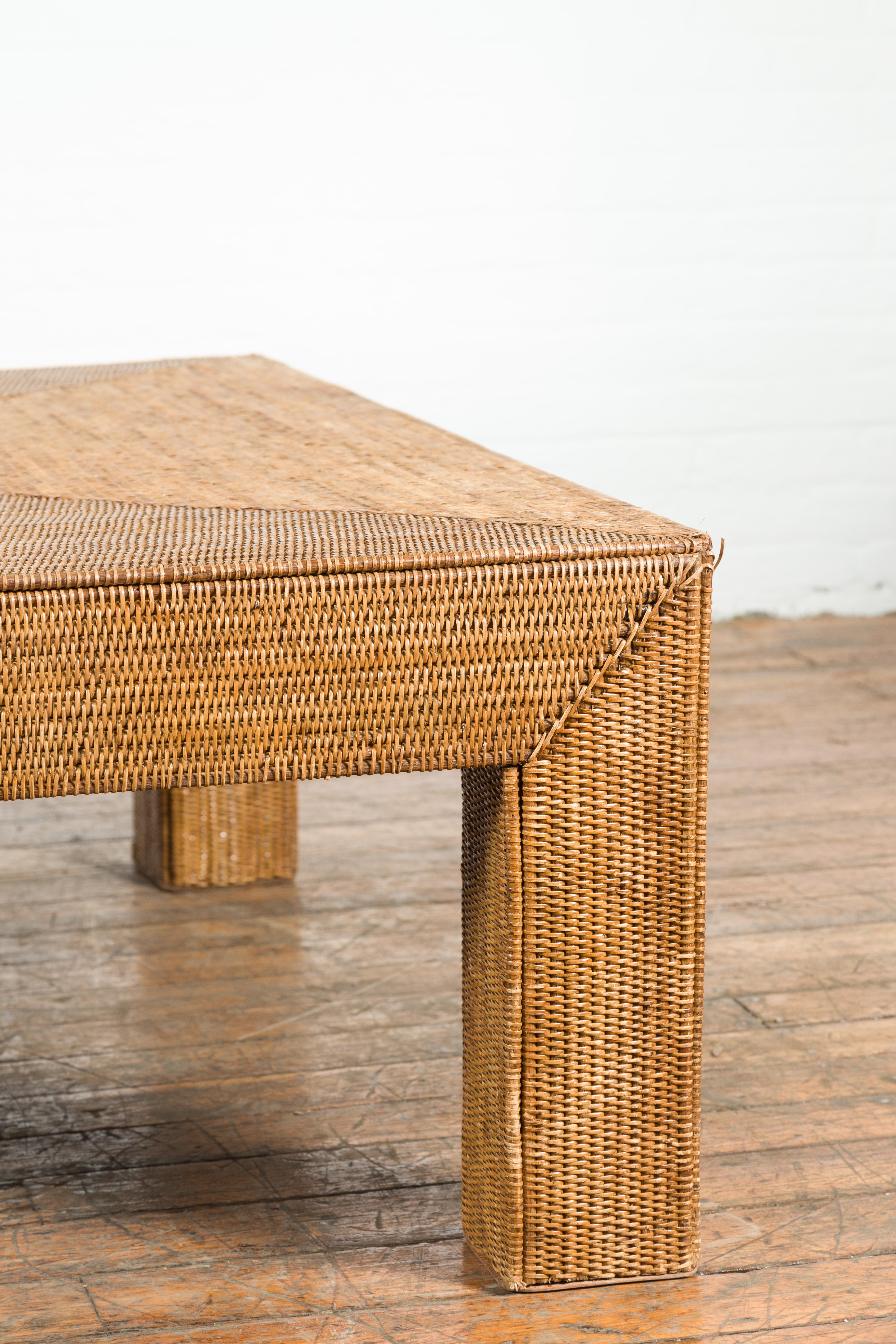 Vintage Burmese Parsons Leg Rattan Coffee Table Hand-Stitched over Wood 3