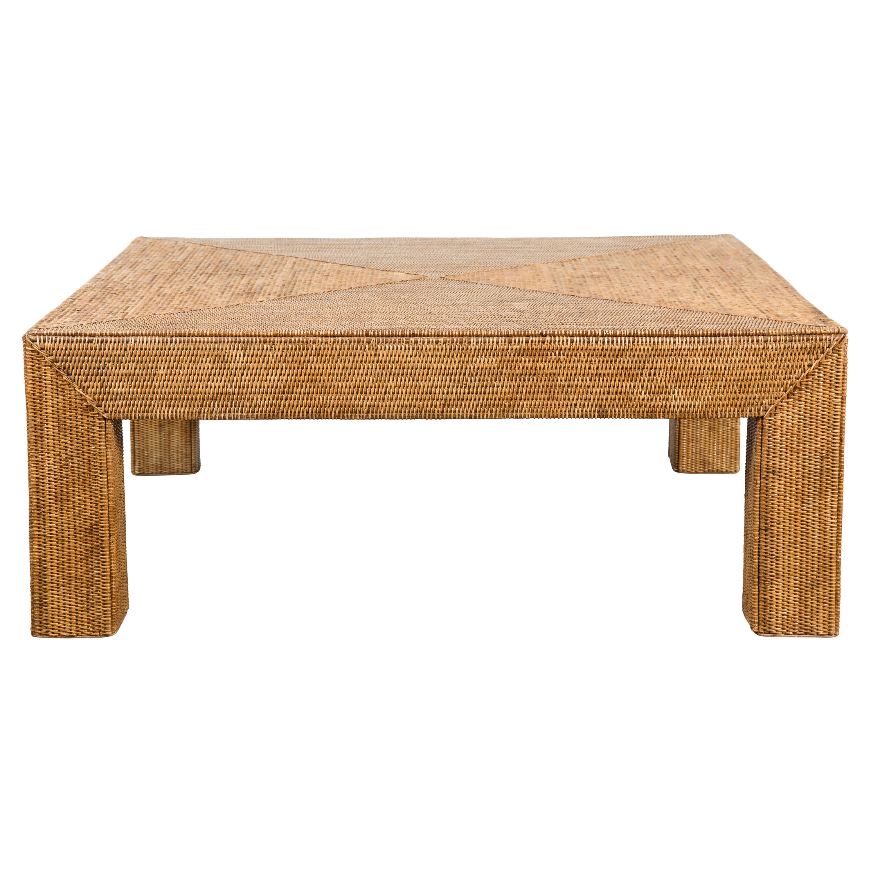 Vintage Burmese Parsons Leg Rattan Coffee Table Hand-Stitched over Wood