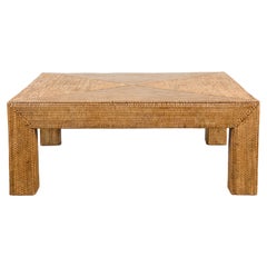 Vintage Burmese Parsons Leg Rattan Coffee Table Hand-Stitched over Wood