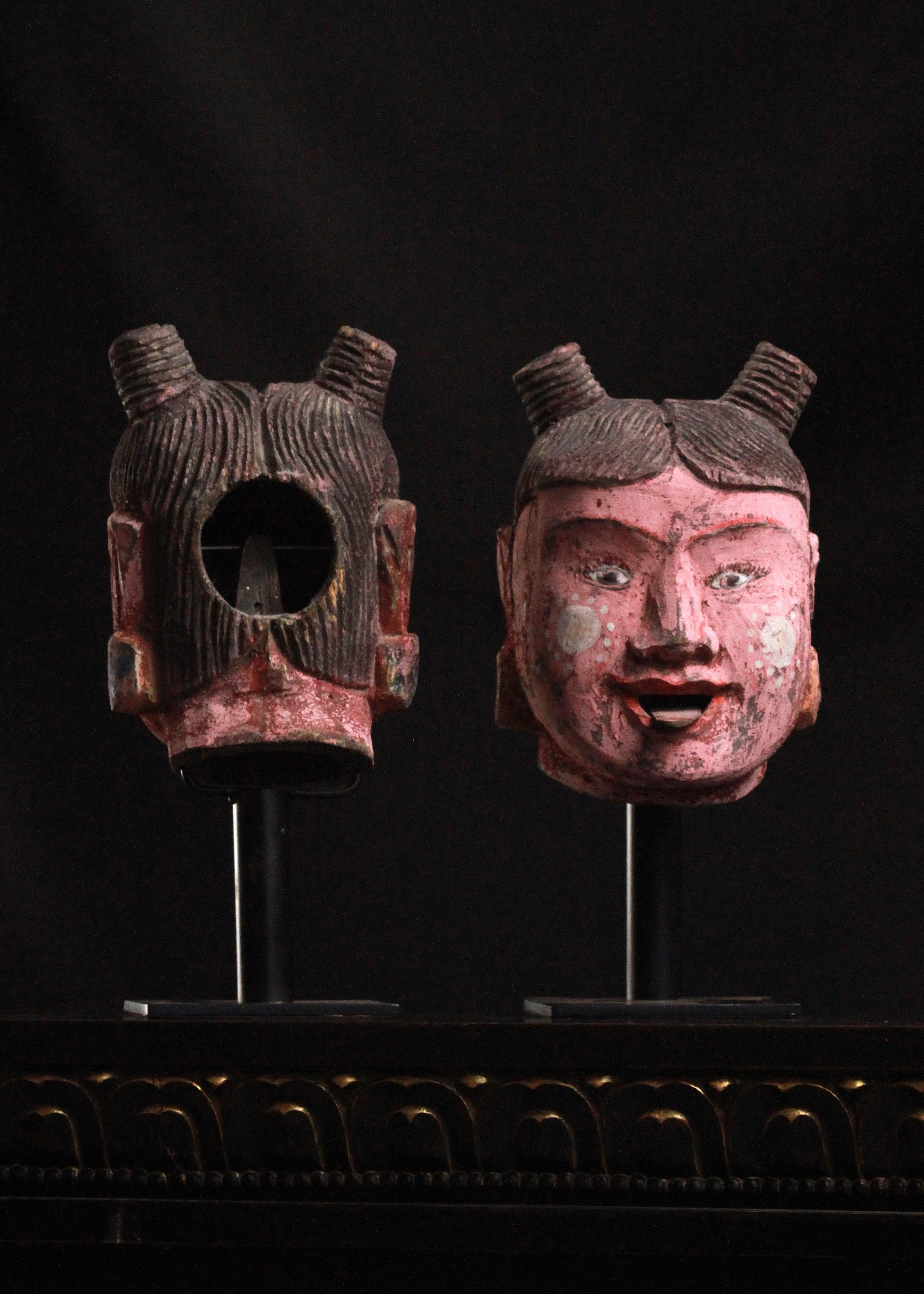 20th Century Vintage Burmese Polychrome Animated Mounted Puppet Heads w/ Expressive Features For Sale