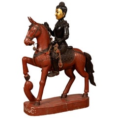 Vintage Burmese Polychrome Carved Wooden Statue of a Warrior on his Horse