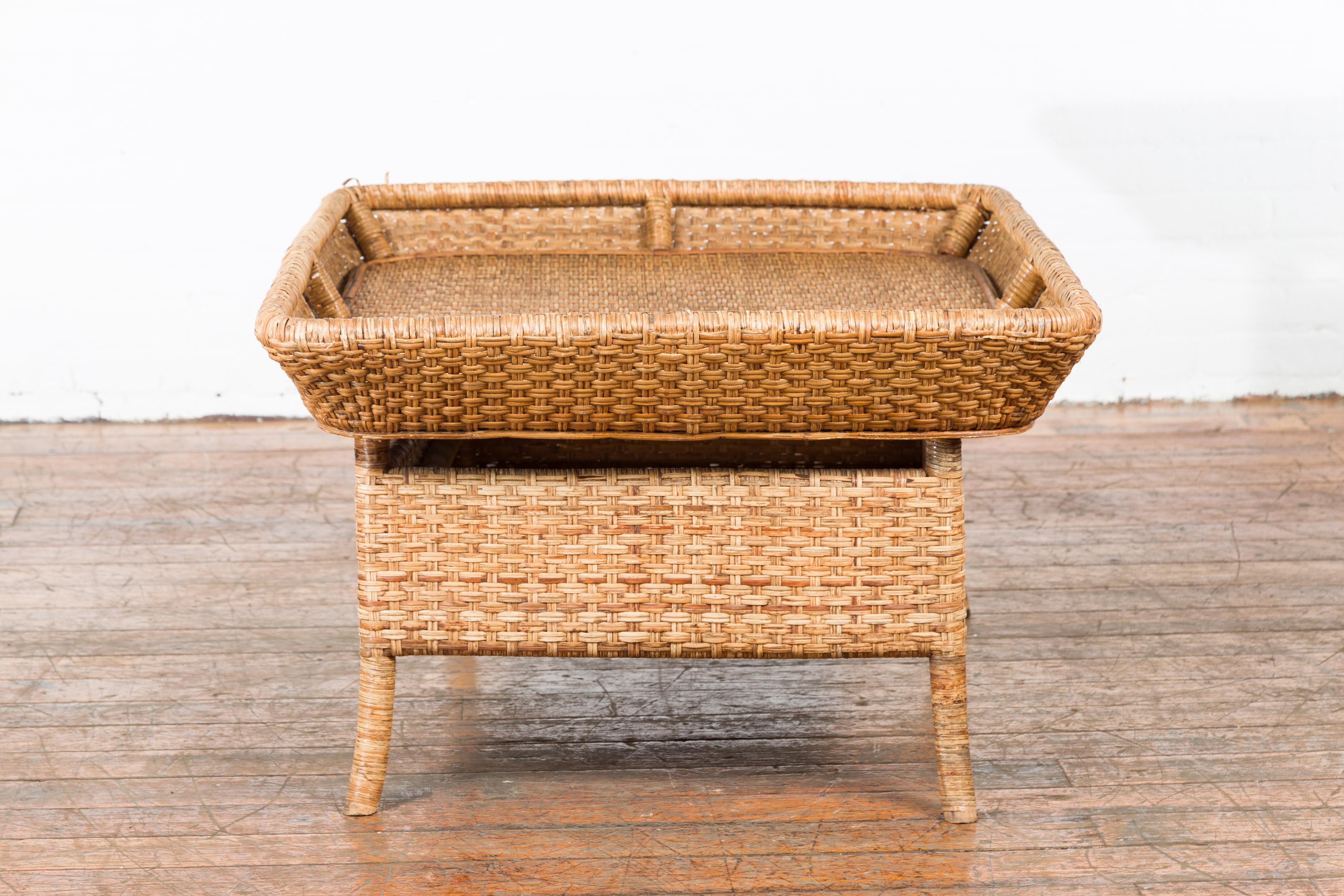 Vintage Burmese Rattan and Bamboo Coffee Table with Removable Tray Top For Sale 5