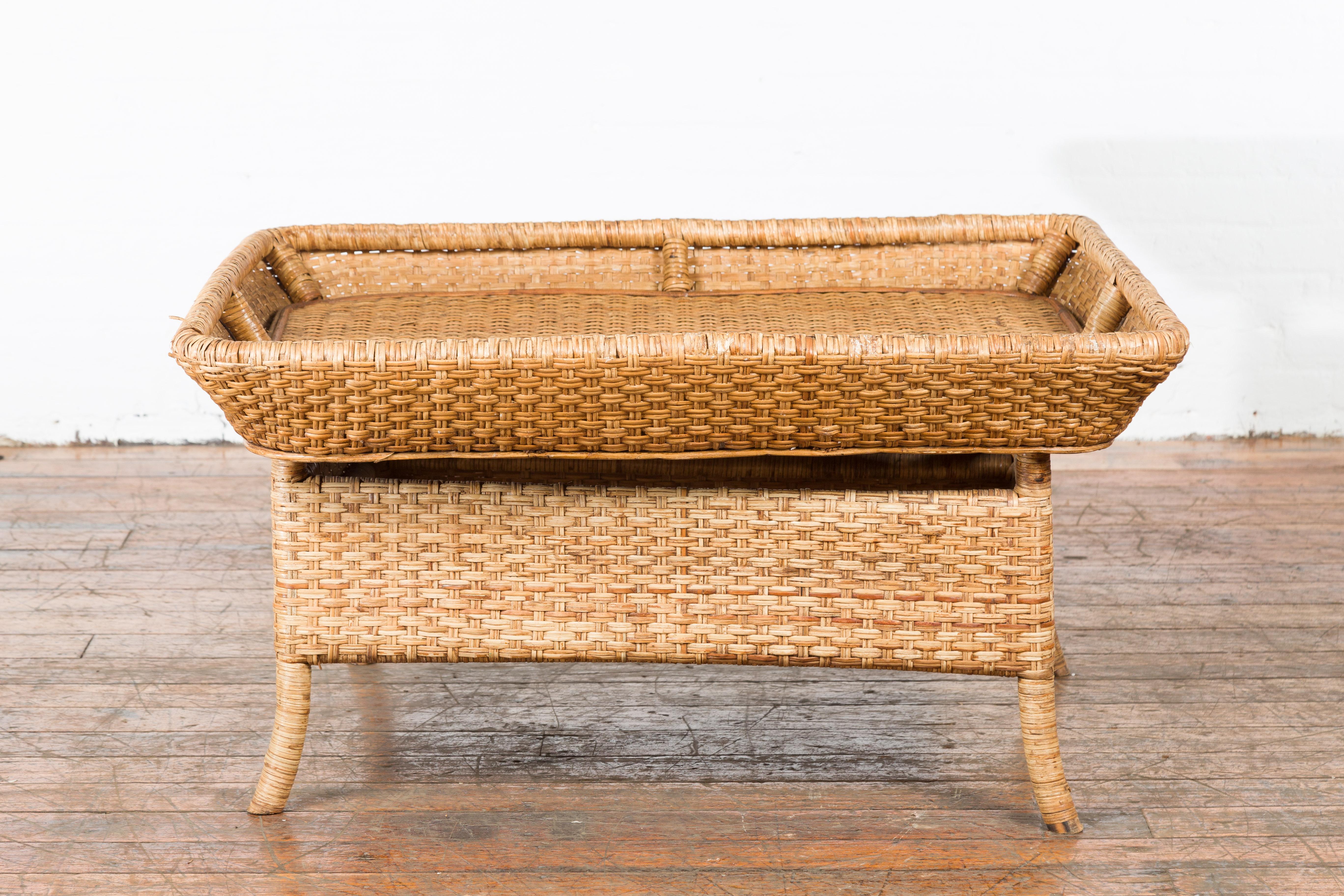 Vintage Burmese Rattan and Bamboo Coffee Table with Removable Tray Top For Sale 6