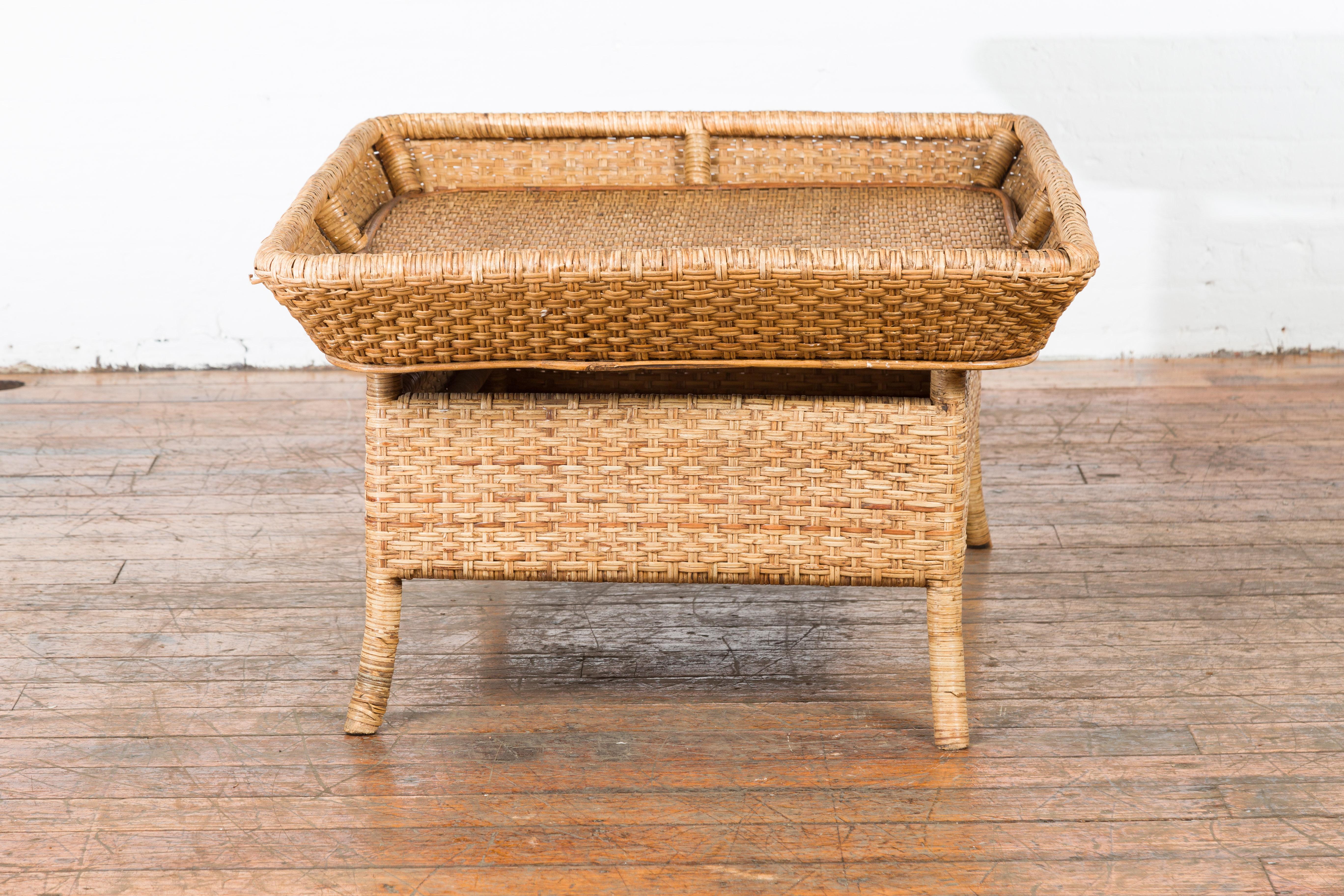 Vintage Burmese Rattan and Bamboo Coffee Table with Removable Tray Top For Sale 7