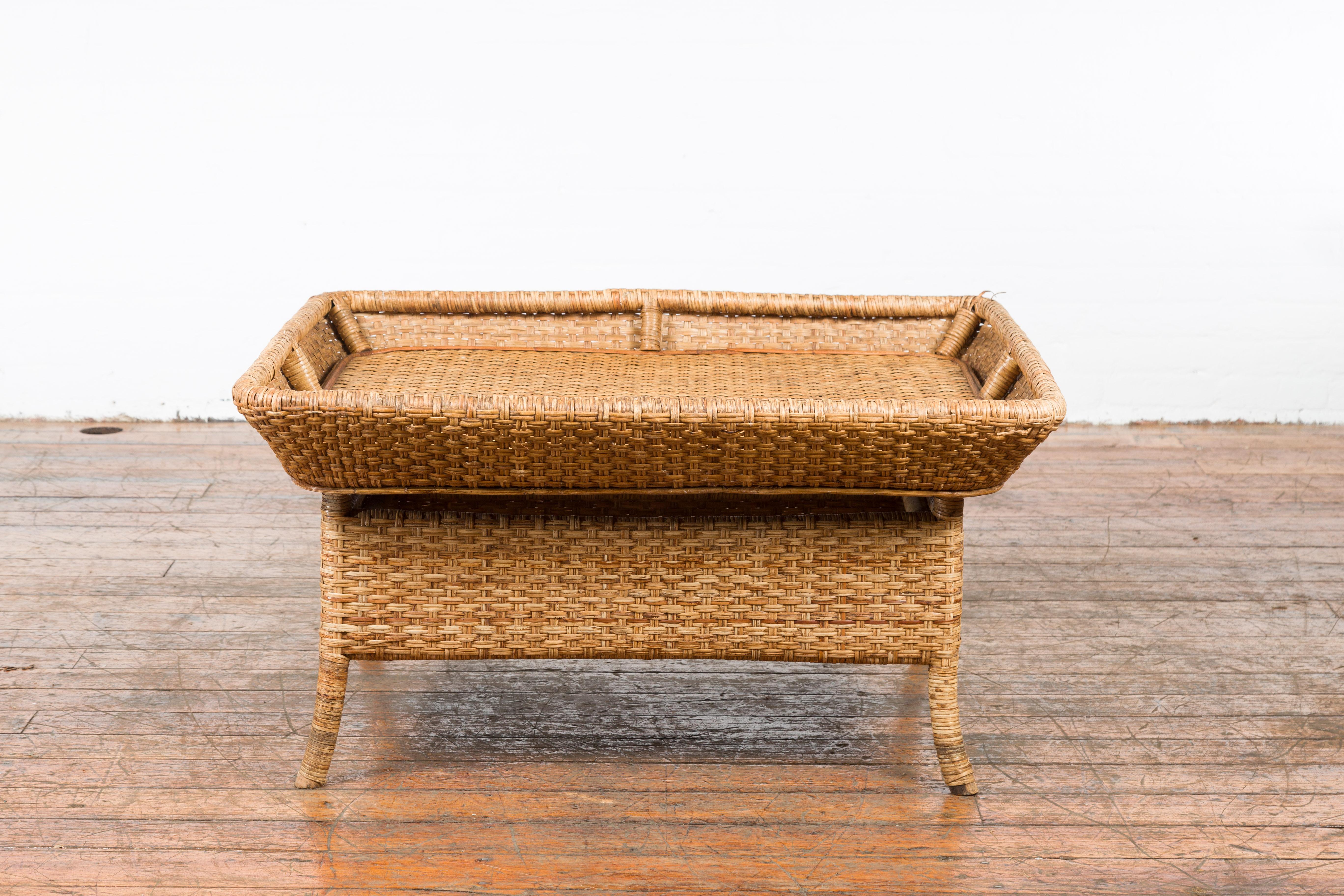 Mid-Century Modern Vintage Burmese Rattan and Bamboo Coffee Table with Removable Tray Top For Sale