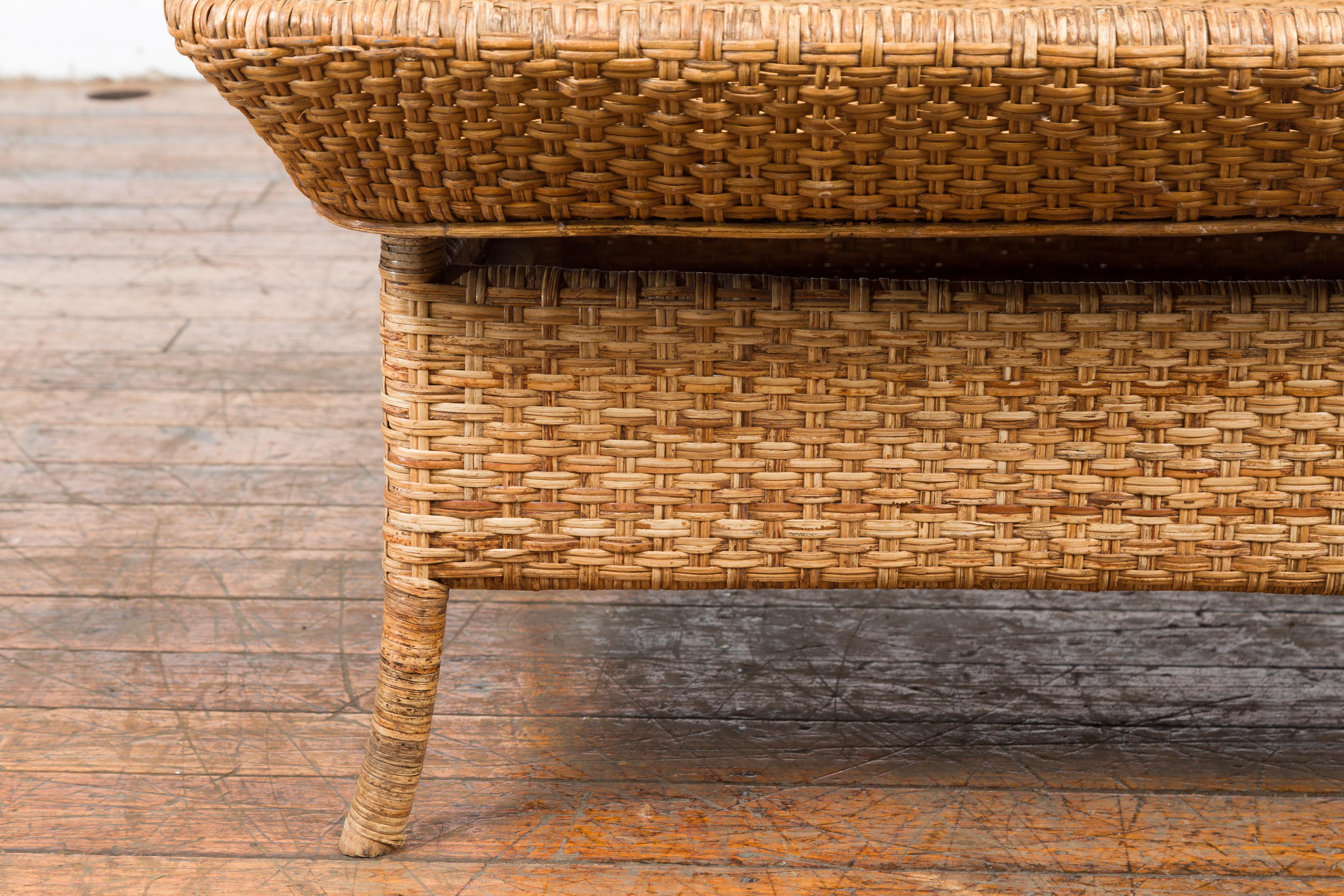 Burmese Vintage Rattan and Bamboo Coffee Table with Removable Tray Top For Sale