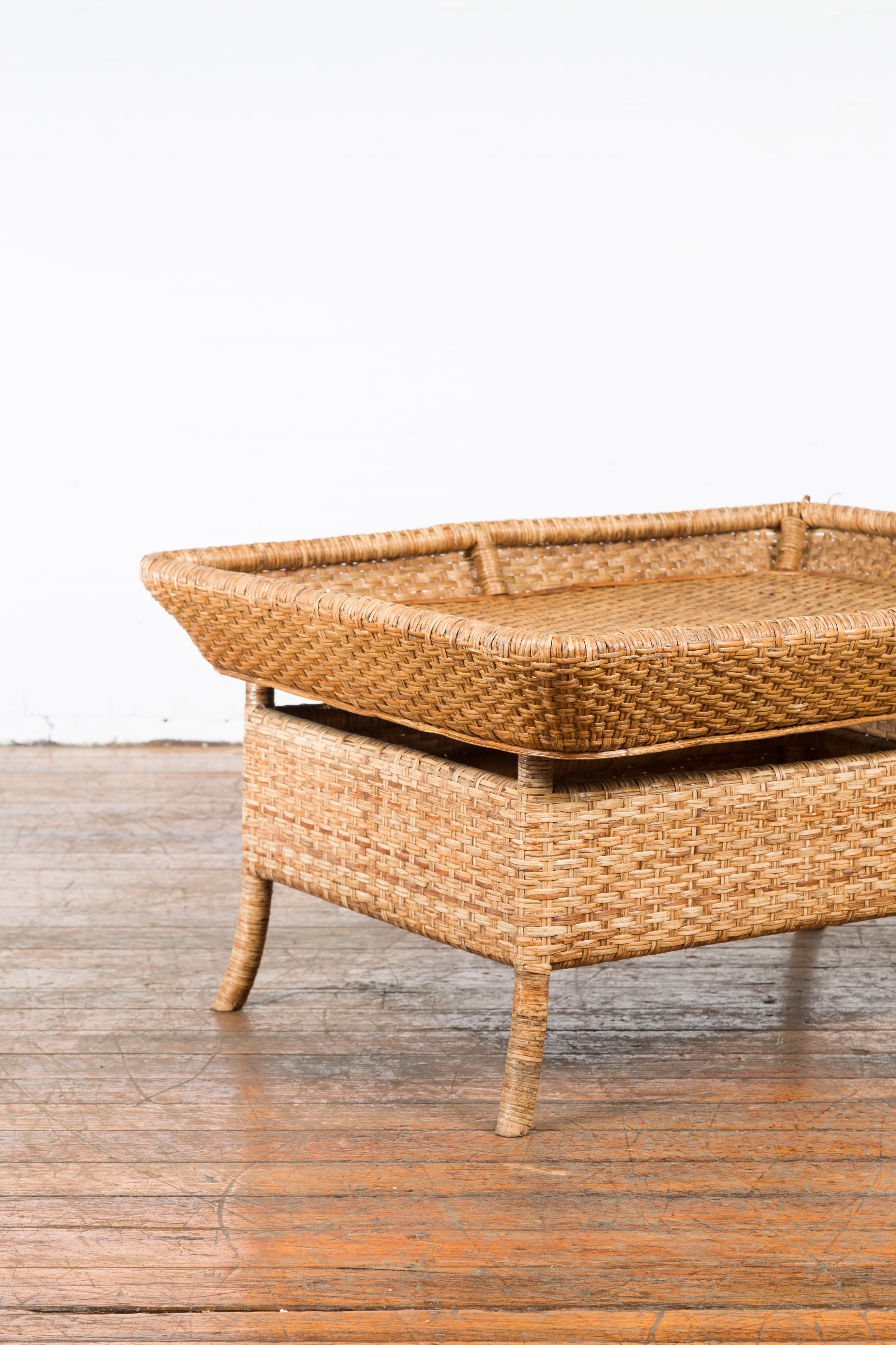 Vintage Burmese Rattan and Bamboo Coffee Table with Removable Tray Top For Sale 4