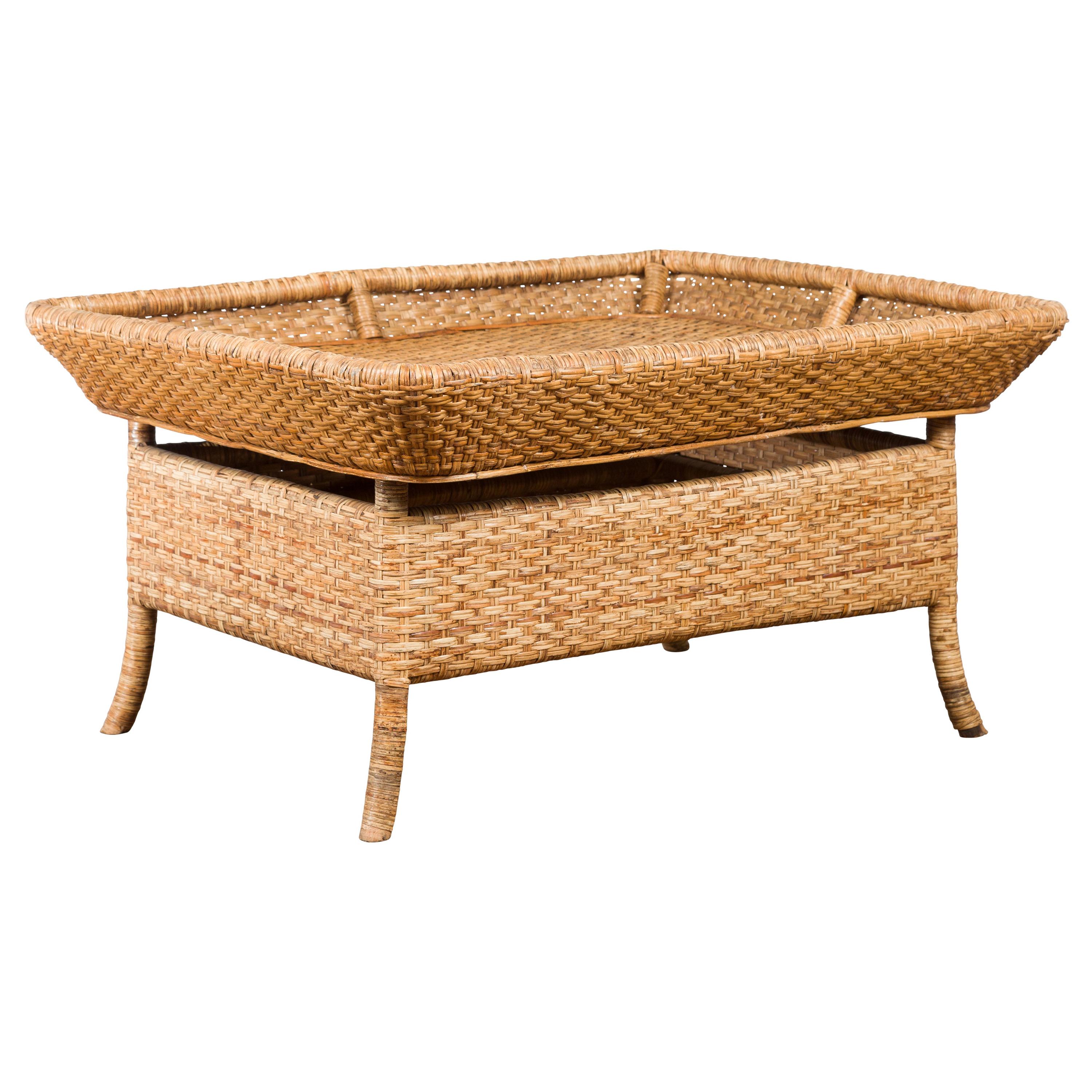 Vintage Burmese Rattan and Bamboo Coffee Table with Removable Tray Top