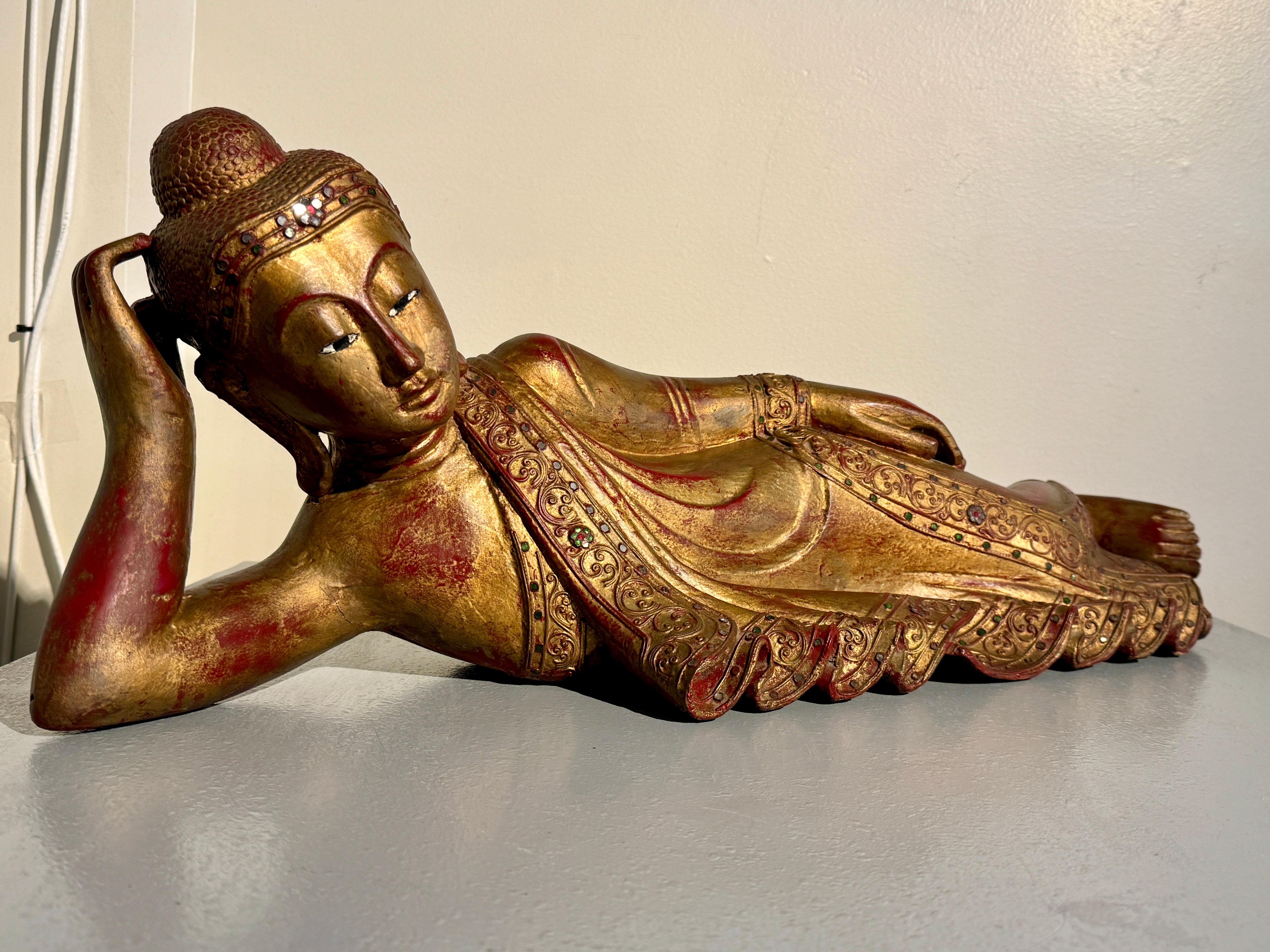 Hand-Carved Vintage Burmese Reclining Buddha, Carved, Lacquered and Gilt Wood, circa 1970's For Sale