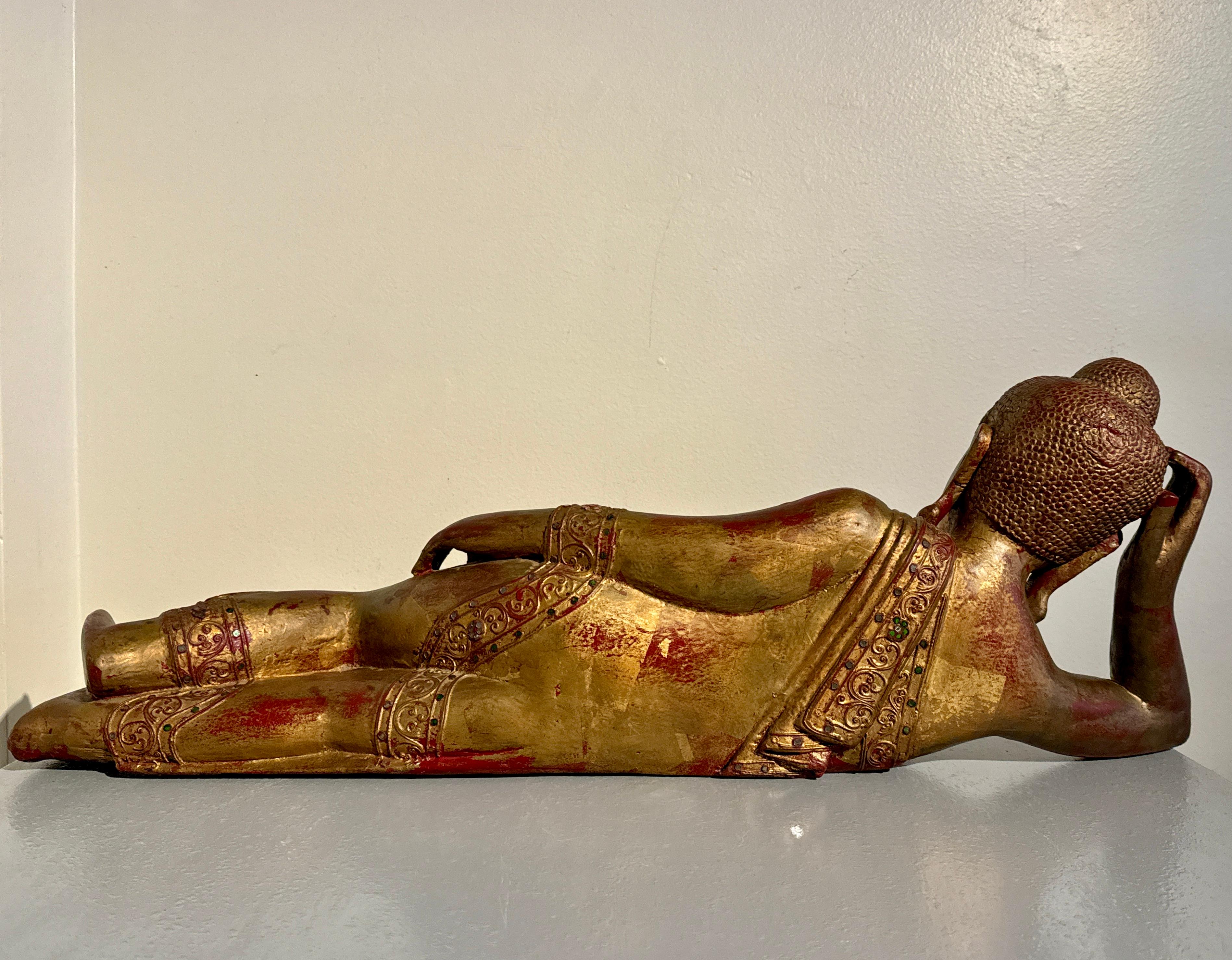 Late 20th Century Vintage Burmese Reclining Buddha, Carved, Lacquered and Gilt Wood, circa 1970's For Sale
