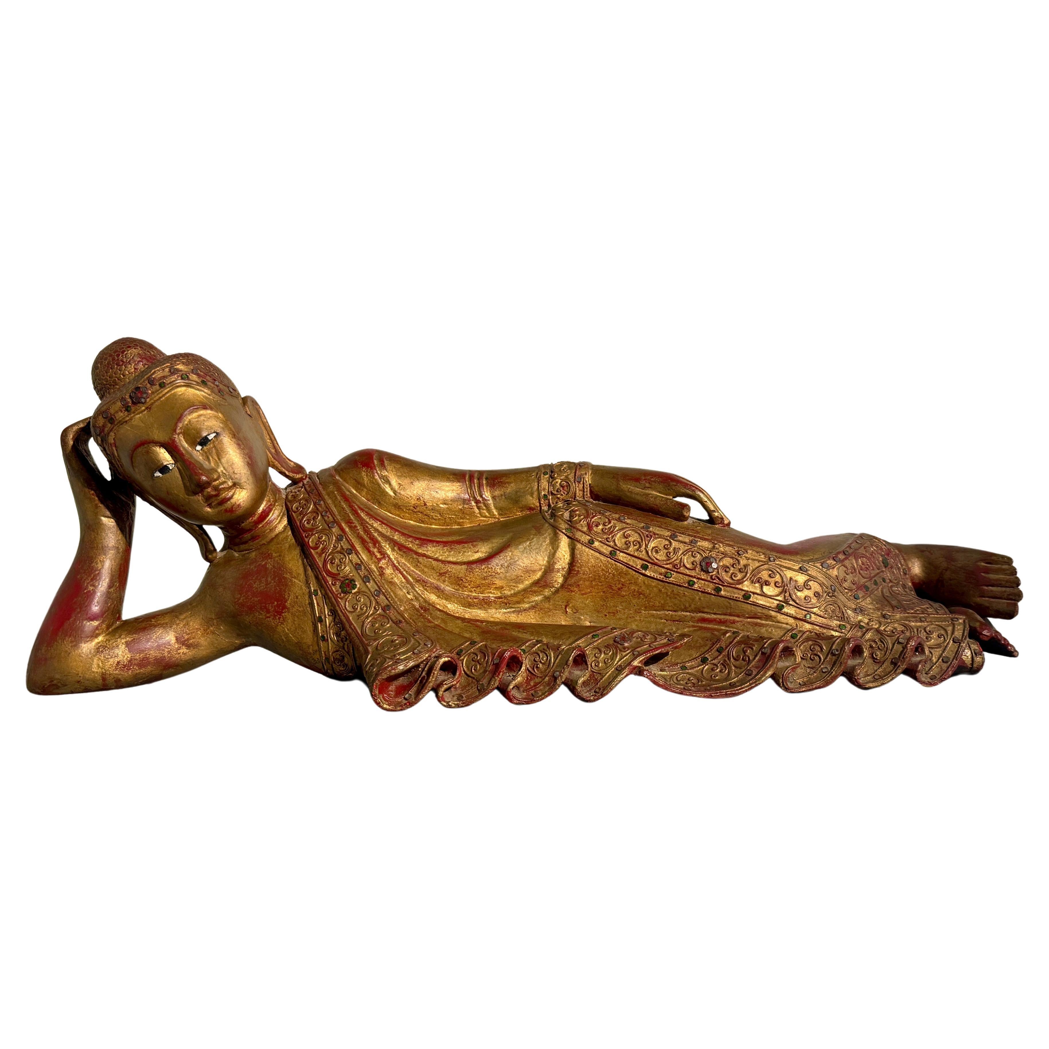 Vintage Burmese Reclining Buddha, Carved, Lacquered and Gilt Wood, circa 1970's