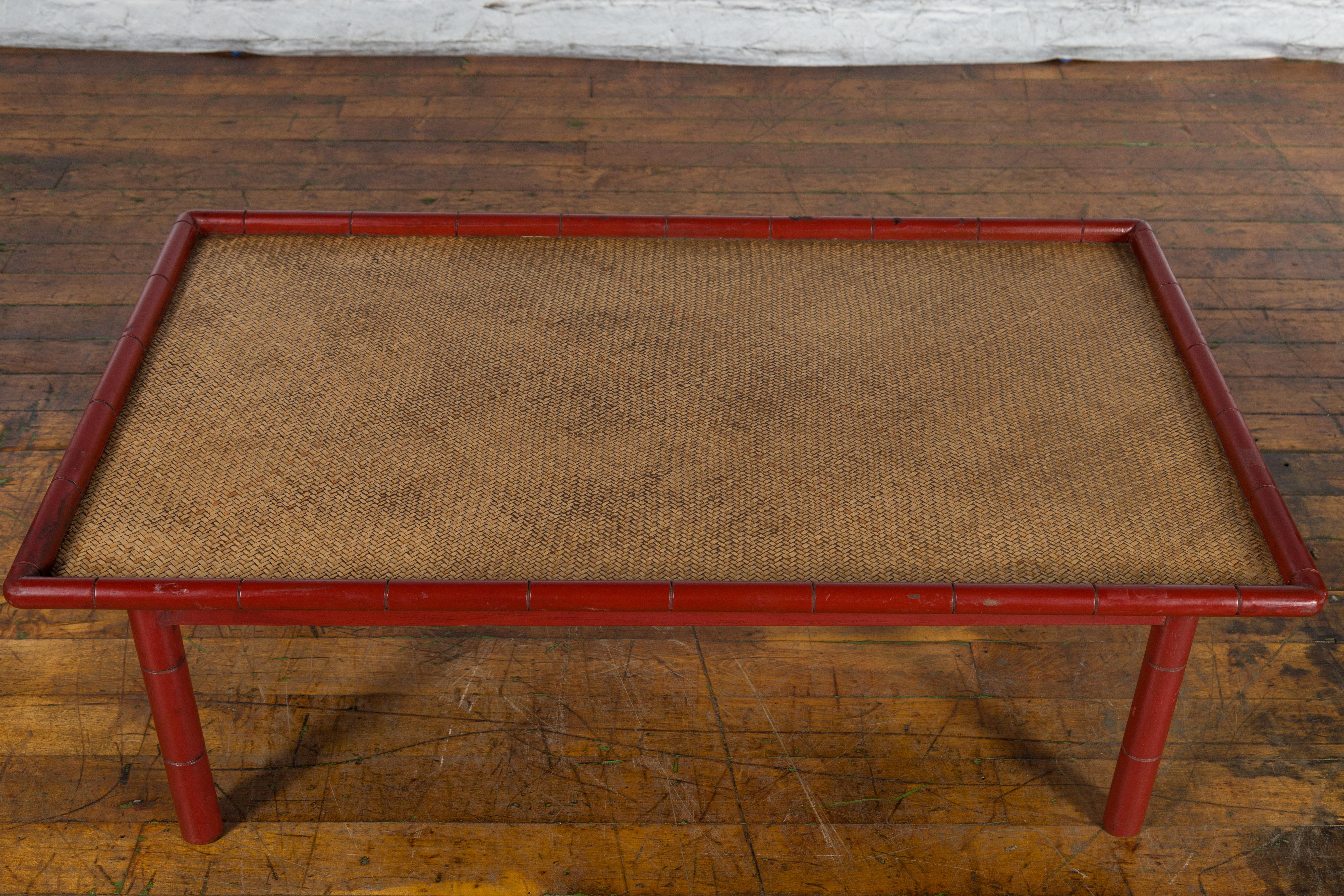Vintage Burmese Red Lacquered Faux Bamboo Coffee Table with Woven Rattan Top For Sale 4
