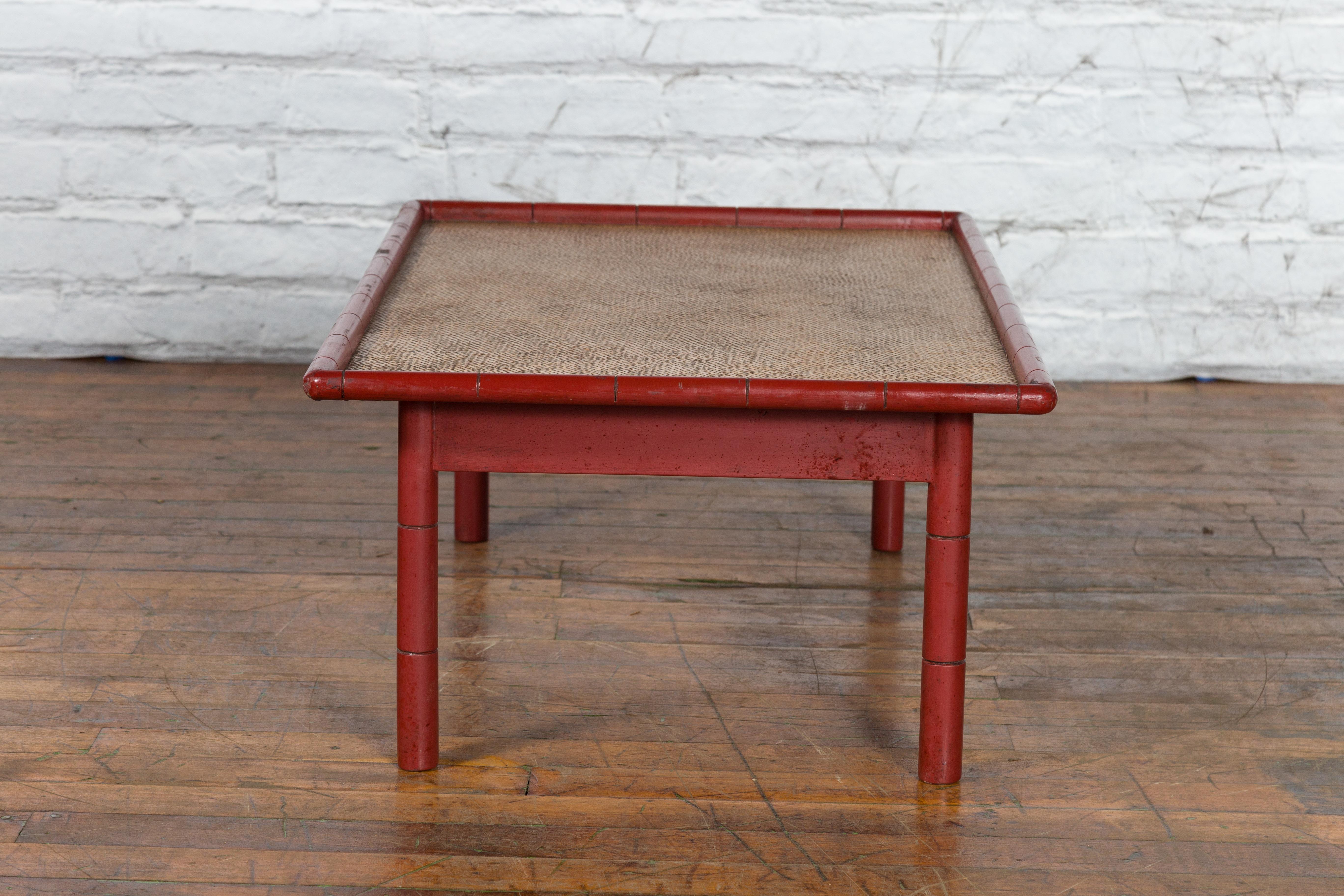 Vintage Burmese Red Lacquered Faux Bamboo Coffee Table with Woven Rattan Top For Sale 6