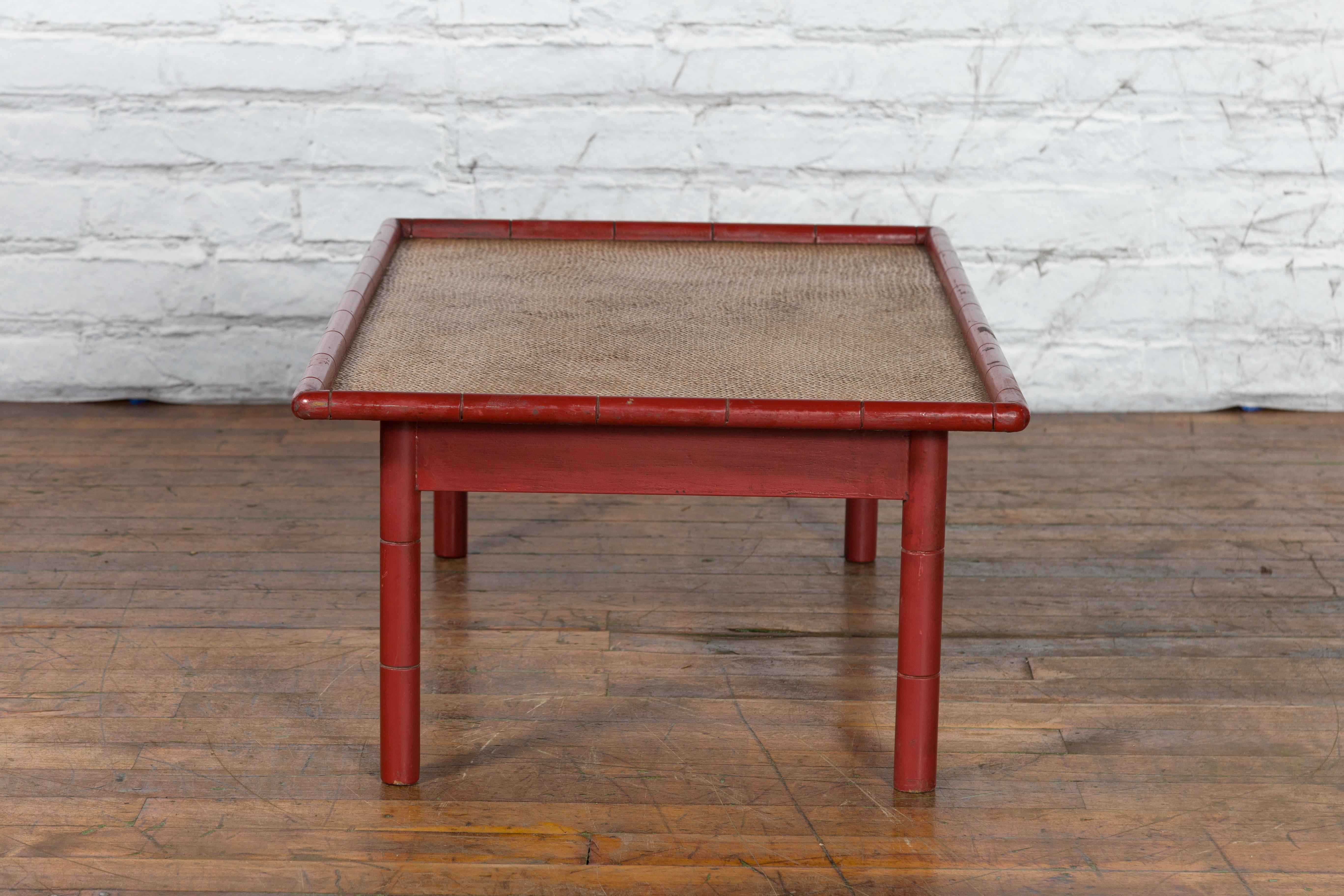 Vintage Burmese Red Lacquered Faux Bamboo Coffee Table with Woven Rattan Top For Sale 8