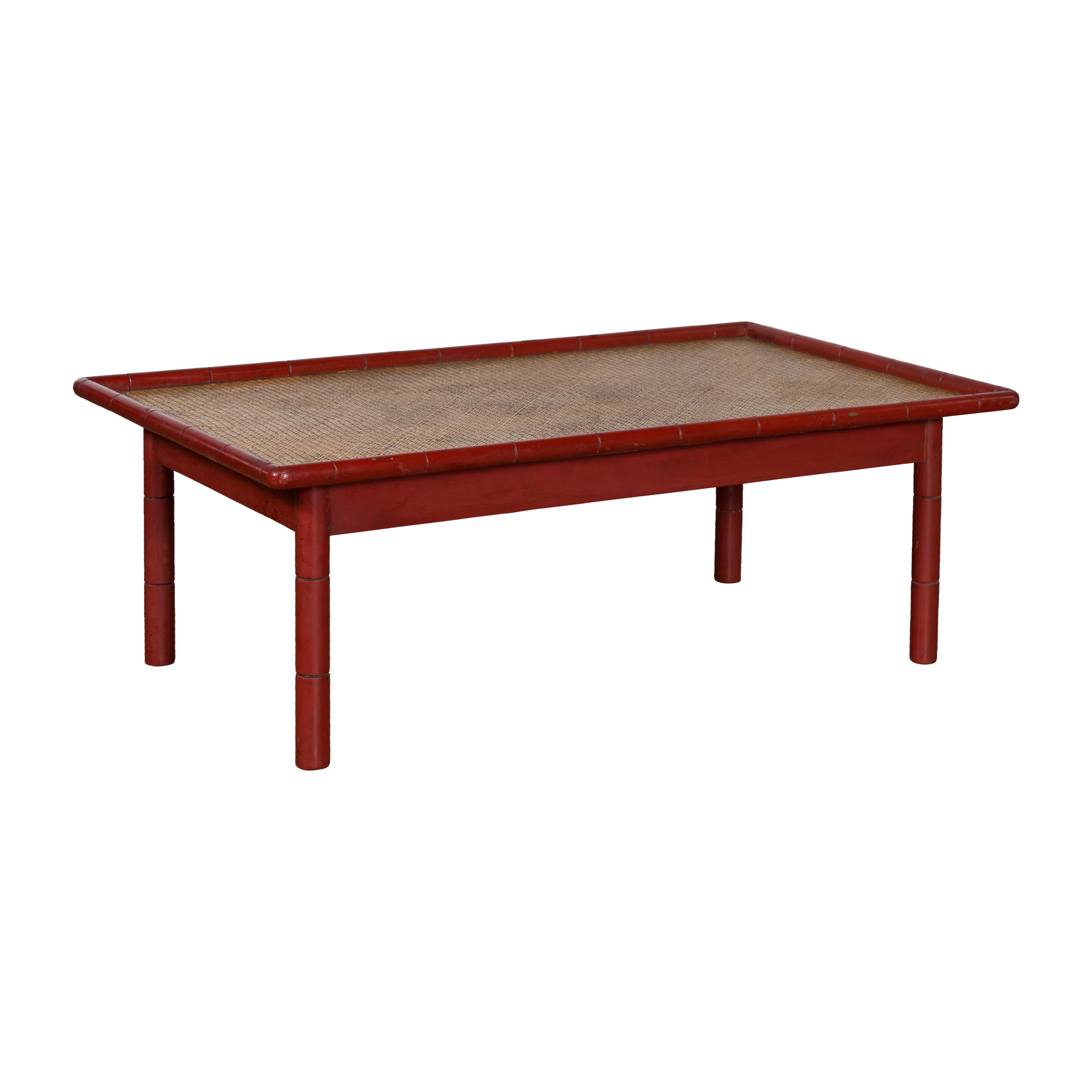 Vintage Burmese Red Lacquered Faux Bamboo Coffee Table with Woven Rattan Top For Sale 9