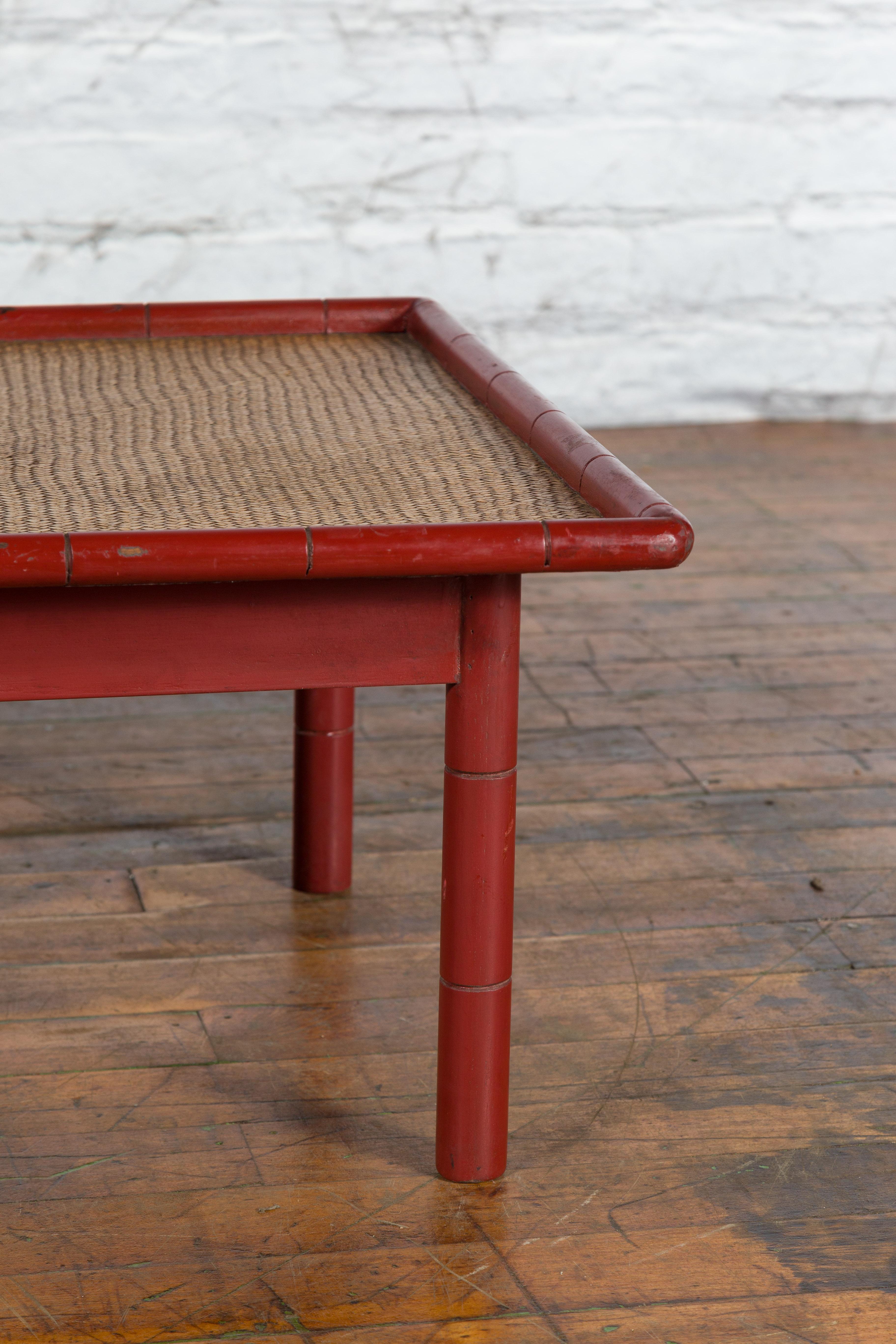 Vintage Burmese Red Lacquered Faux Bamboo Coffee Table with Woven Rattan Top For Sale 3