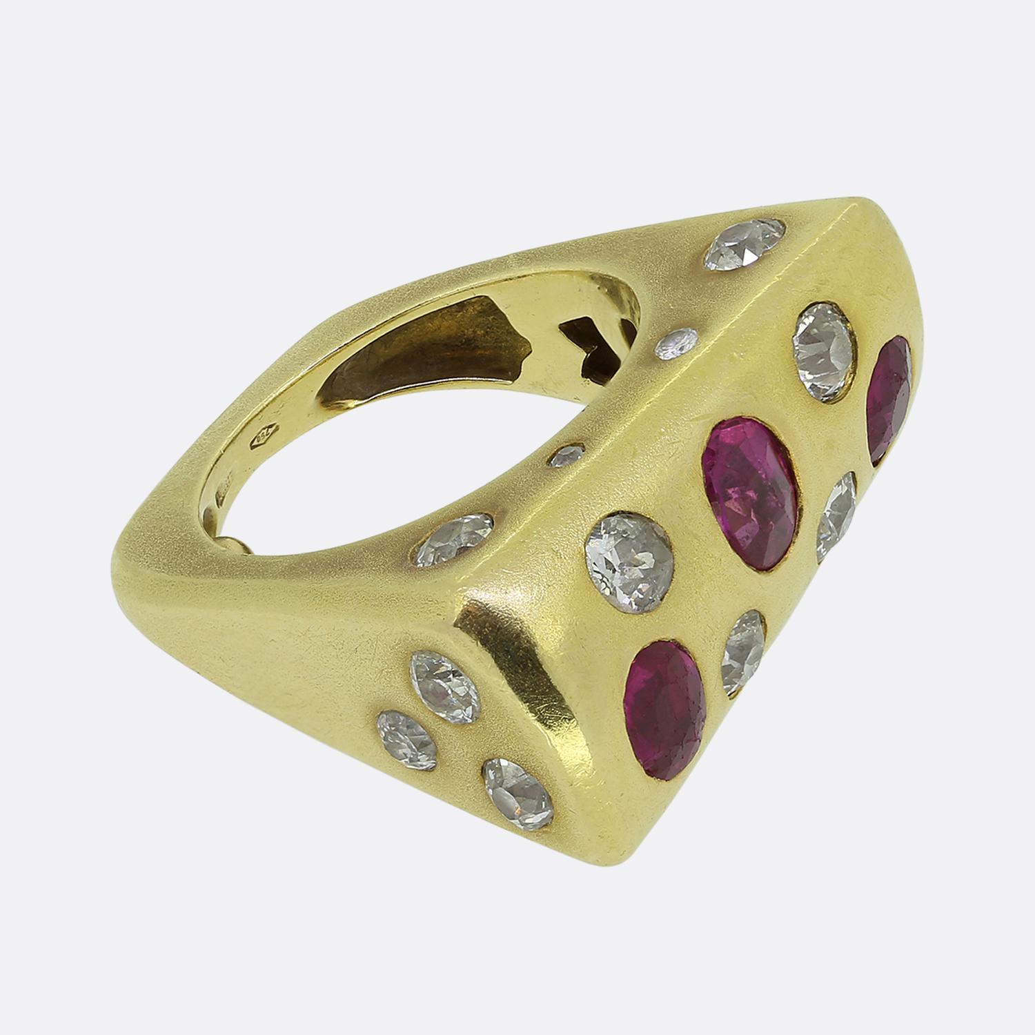 Old Mine Cut Vintage Burmese Ruby and Diamond Abstract Ring